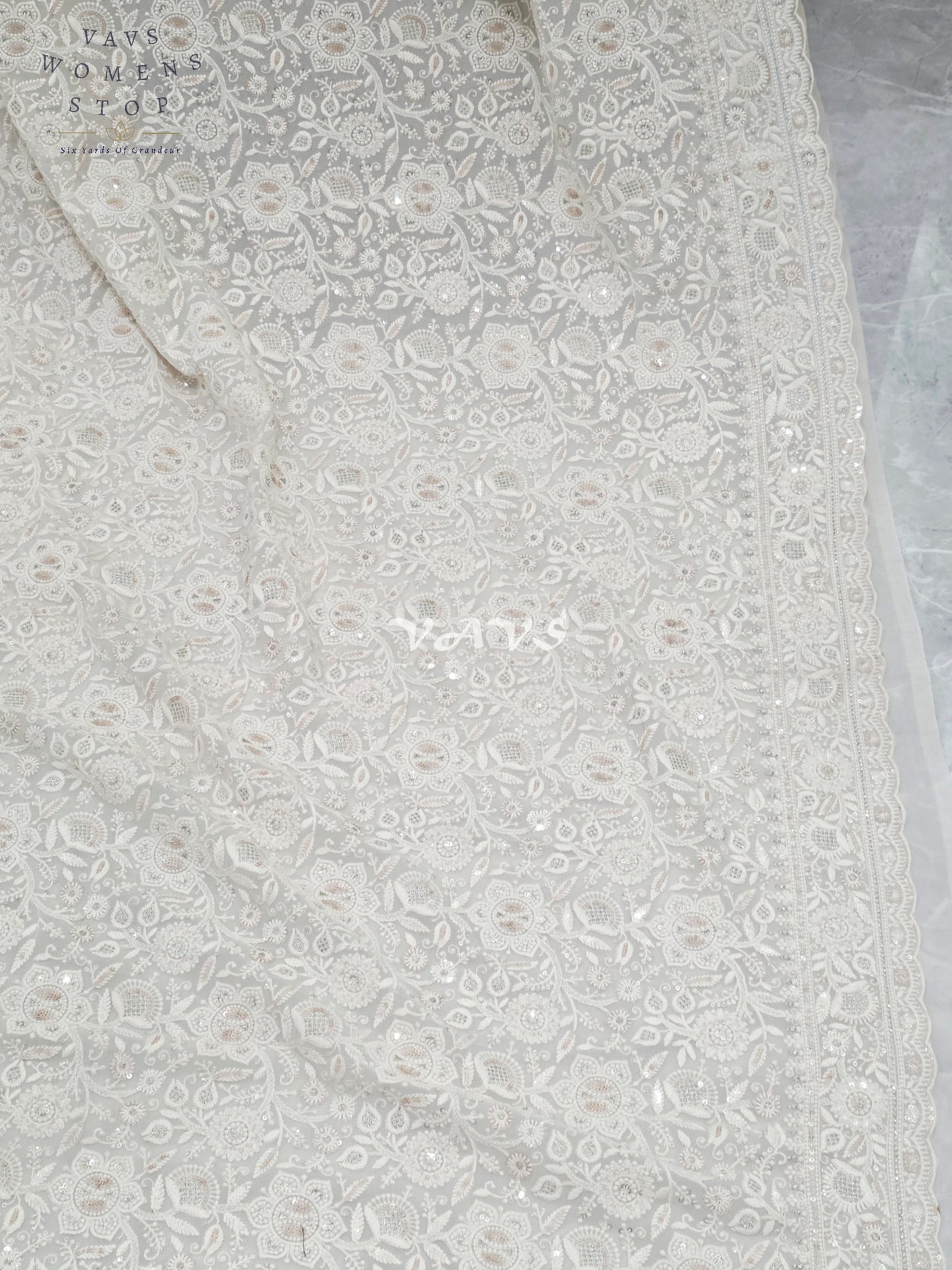 Royal Pearl White Viscose Georgette Chikankari Embroidered Sequins Saree with Designer Stitched Blouse
