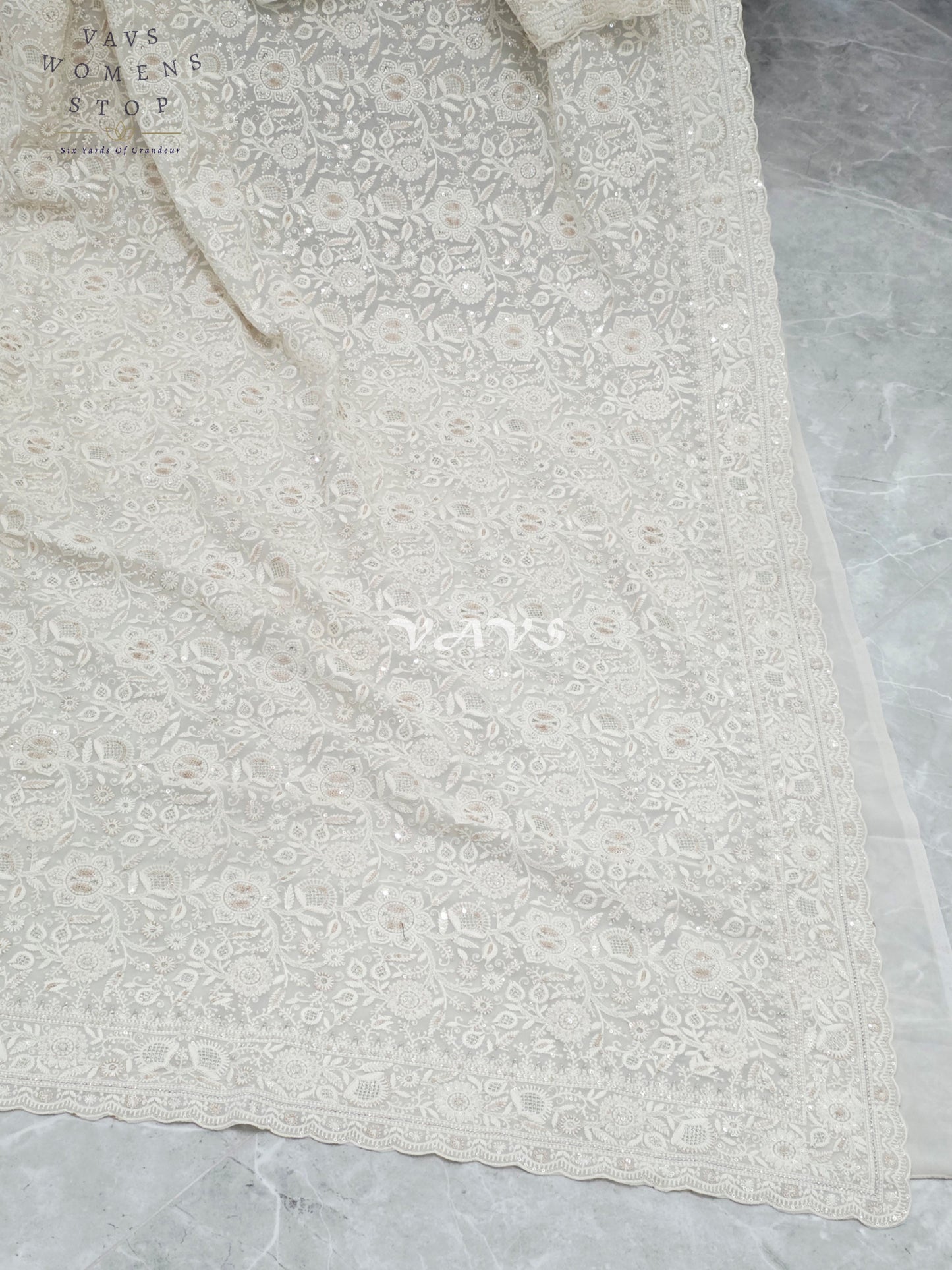 Royal Pearl White Viscose Georgette Chikankari Embroidered Sequins Saree with Designer Stitched Blouse