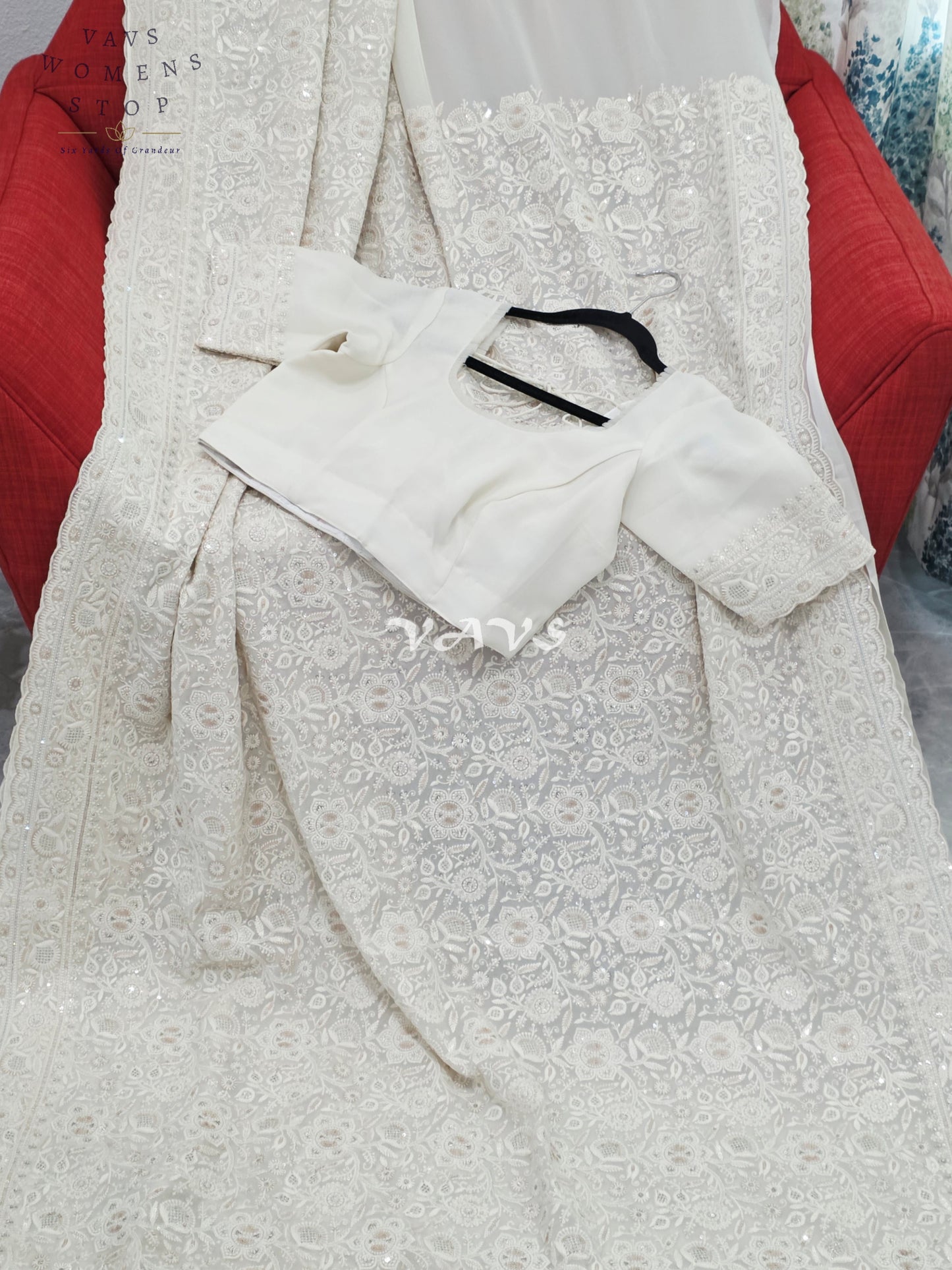 Royal Pearl White Viscose Georgette Chikankari Embroidered Sequins Saree with Designer Stitched Blouse