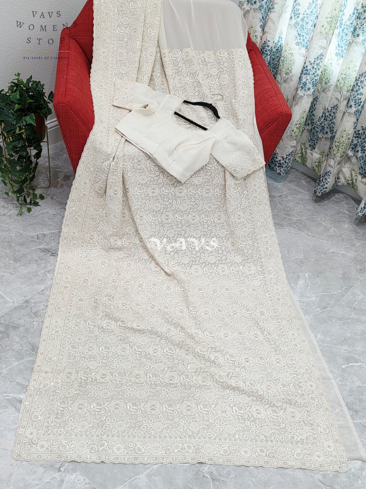 Royal Pearl White Viscose Georgette Chikankari Embroidered Sequins Saree with Designer Stitched Blouse