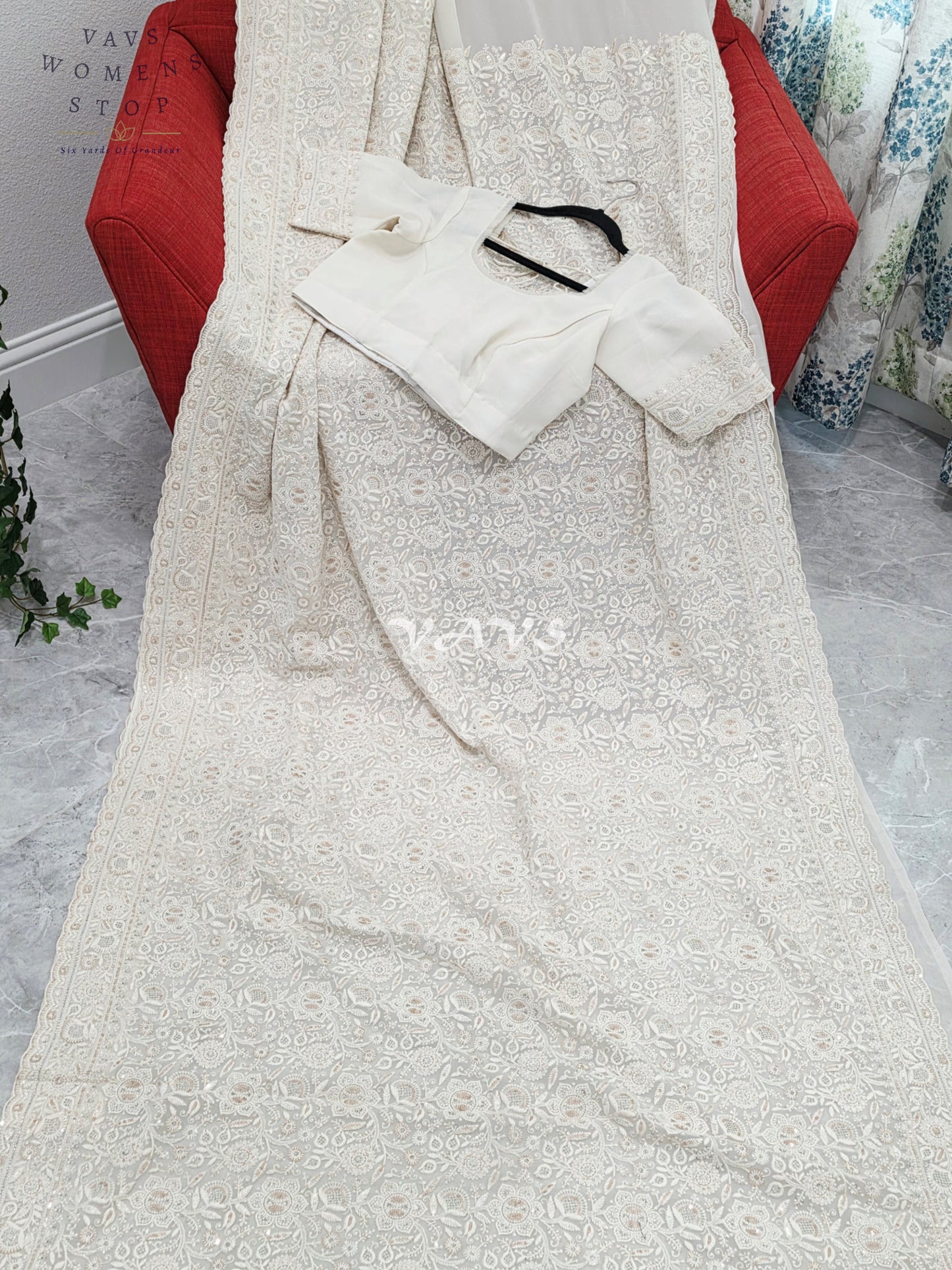 Royal Pearl White Viscose Georgette Chikankari Embroidered Sequins Saree with Designer Stitched Blouse