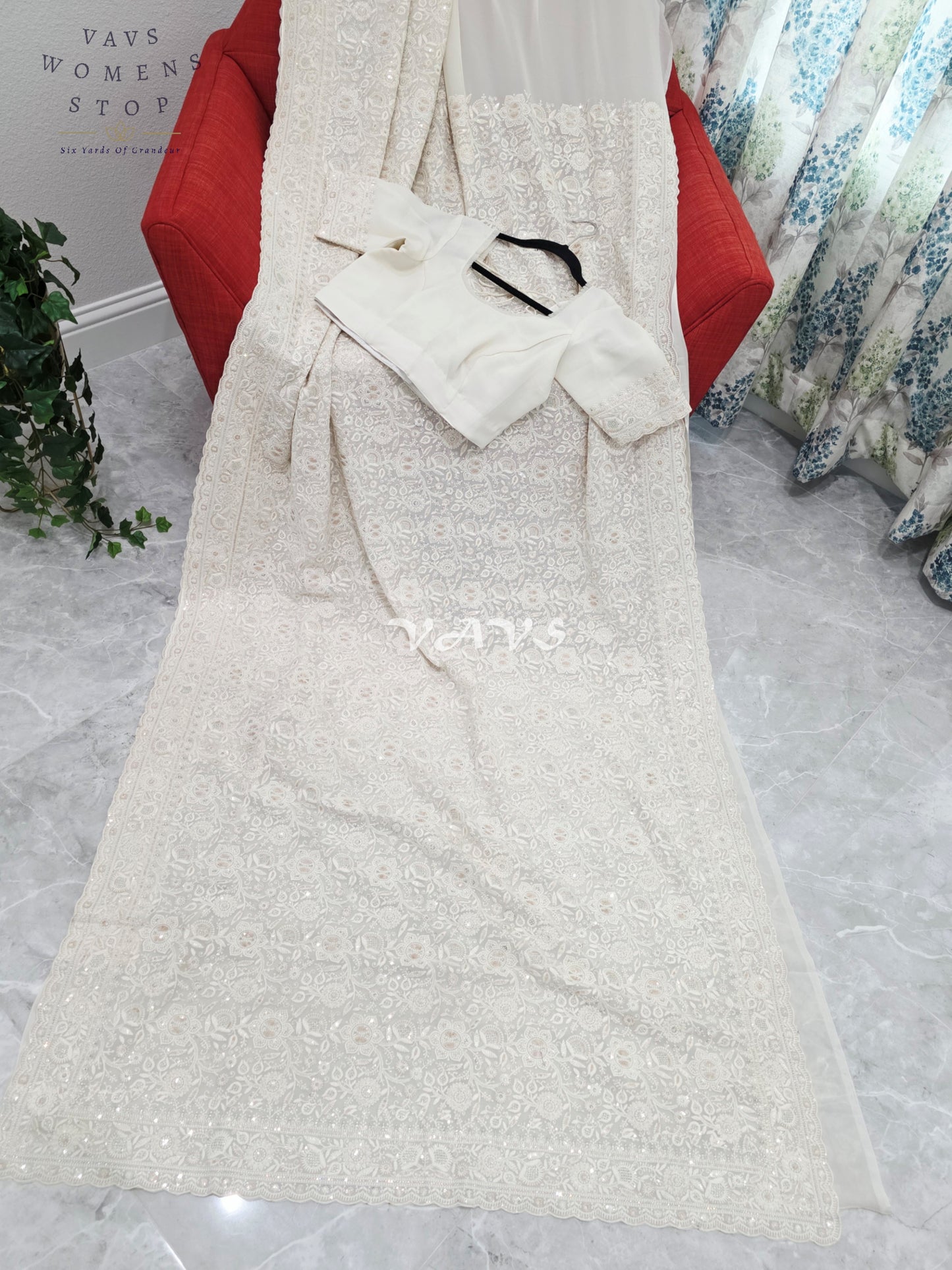 Royal Pearl White Viscose Georgette Chikankari Embroidered Sequins Saree with Designer Stitched Blouse
