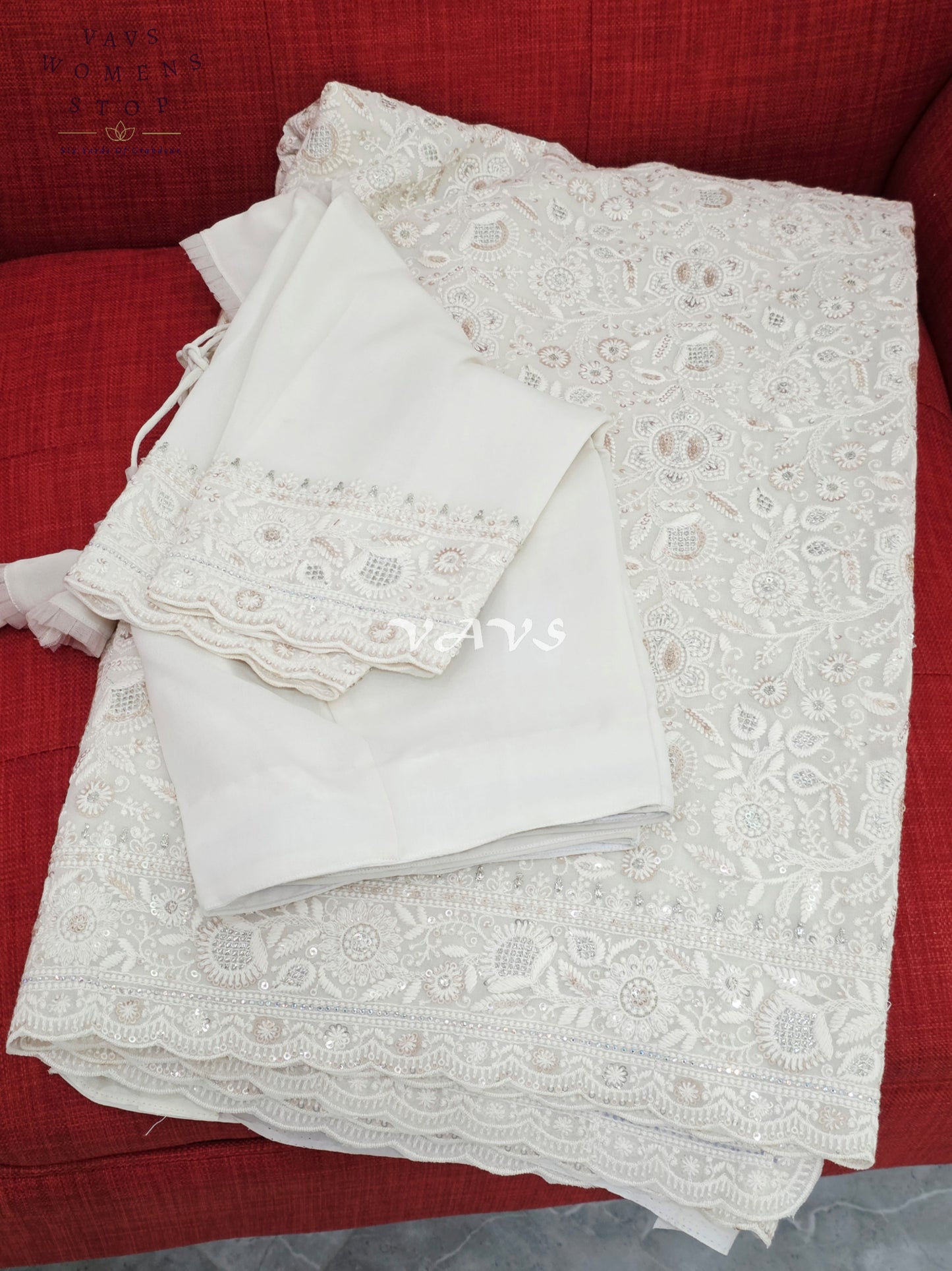 Royal Pearl White Viscose Georgette Chikankari Embroidered Sequins Saree with Designer Stitched Blouse