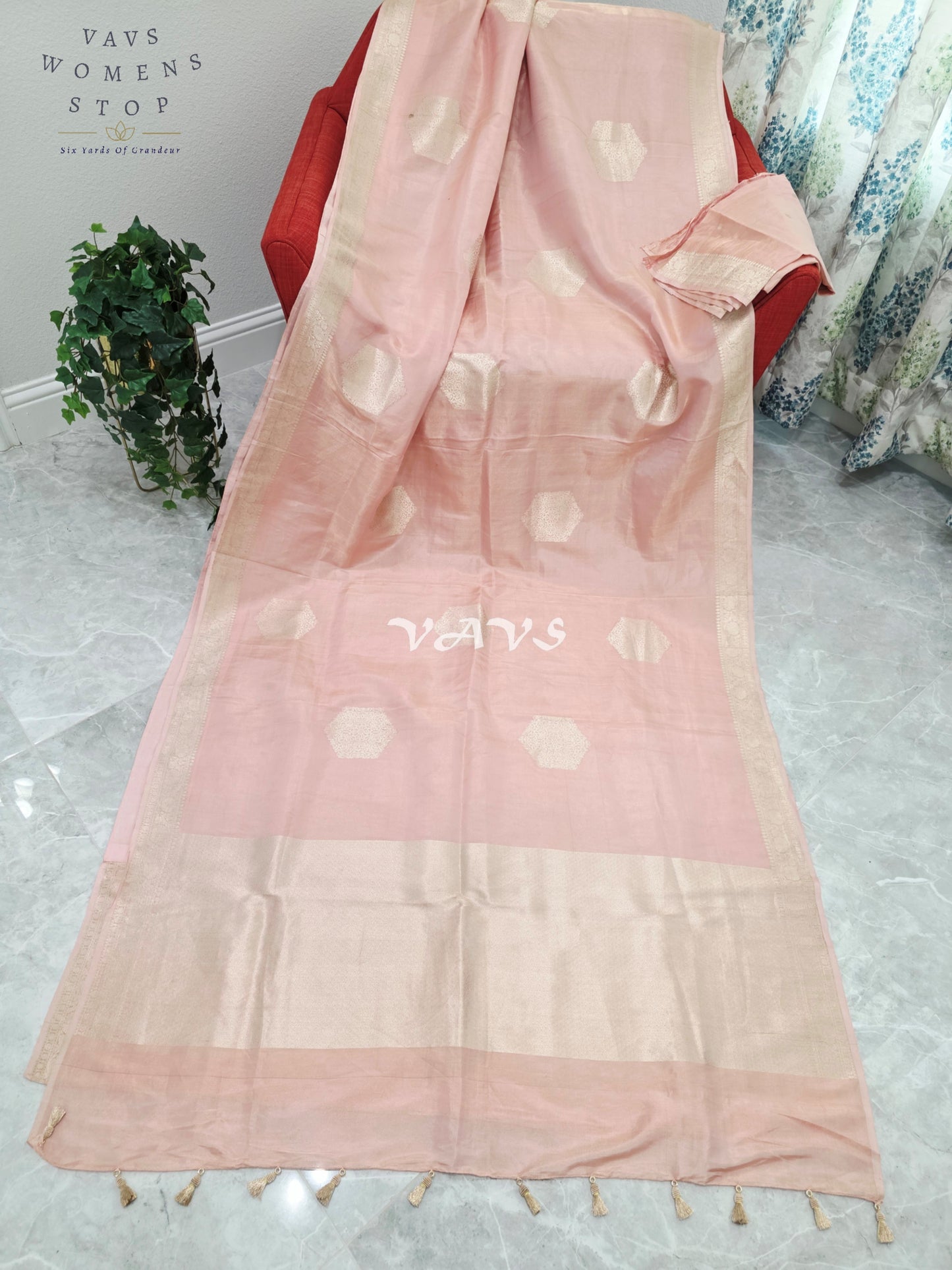Royal Blush Petal Pink Pure Benarasi Tissue Silk Saree with Gold Zari Buttas & Unstitched Blouse Piece