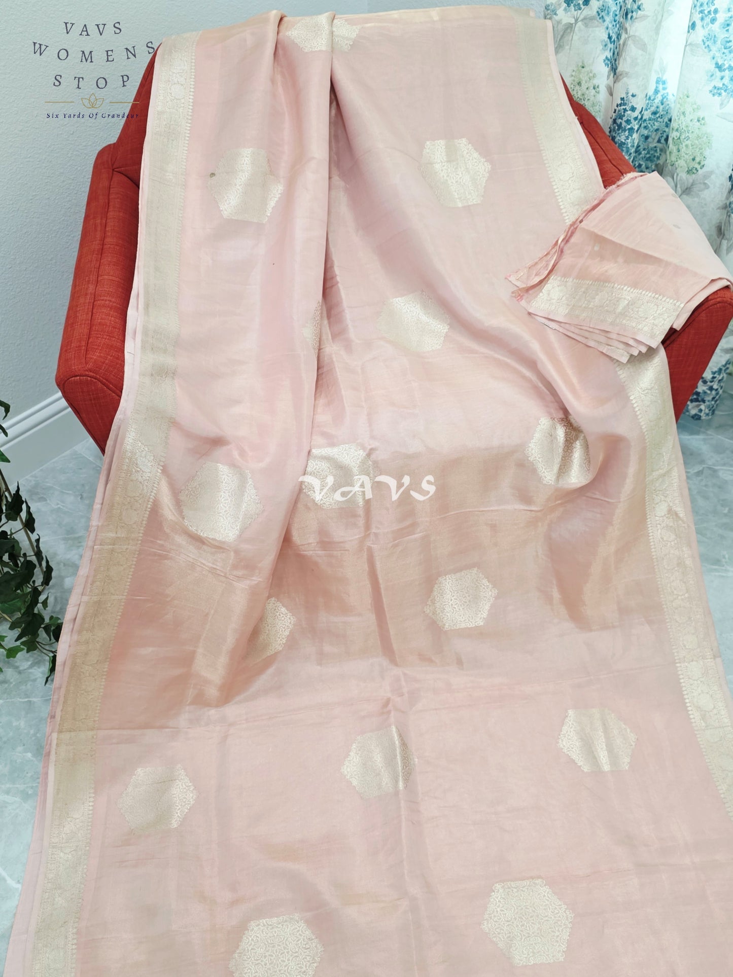 Royal Blush Petal Pink Pure Benarasi Tissue Silk Saree with Gold Zari Buttas & Unstitched Blouse Piece