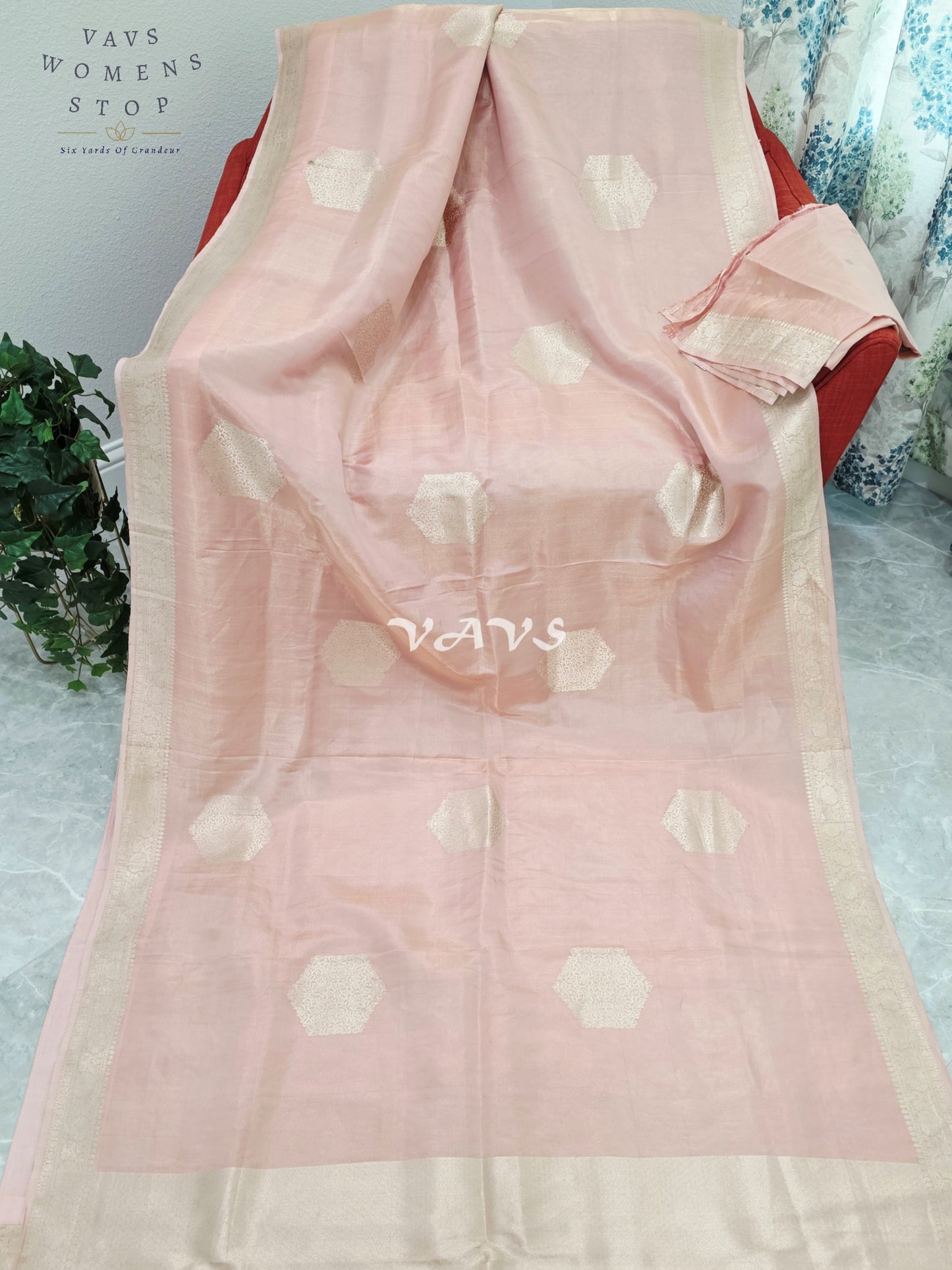 Royal Blush Petal Pink Pure Benarasi Tissue Silk Saree with Gold Zari Buttas & Unstitched Blouse Piece