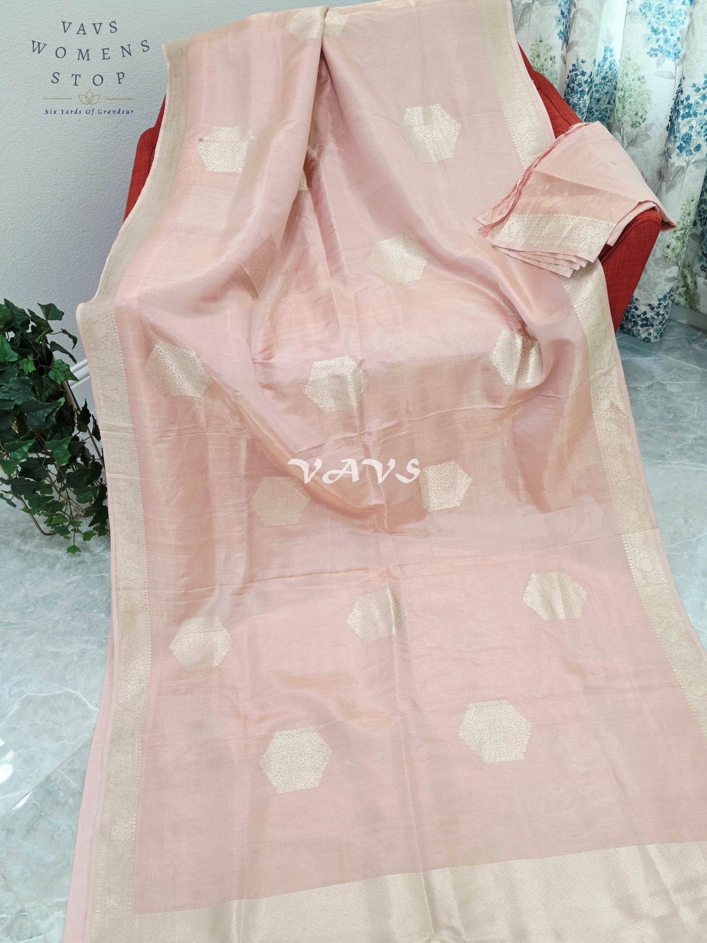 Royal Blush Petal Pink Pure Benarasi Tissue Silk Saree with Gold Zari Buttas & Unstitched Blouse Piece