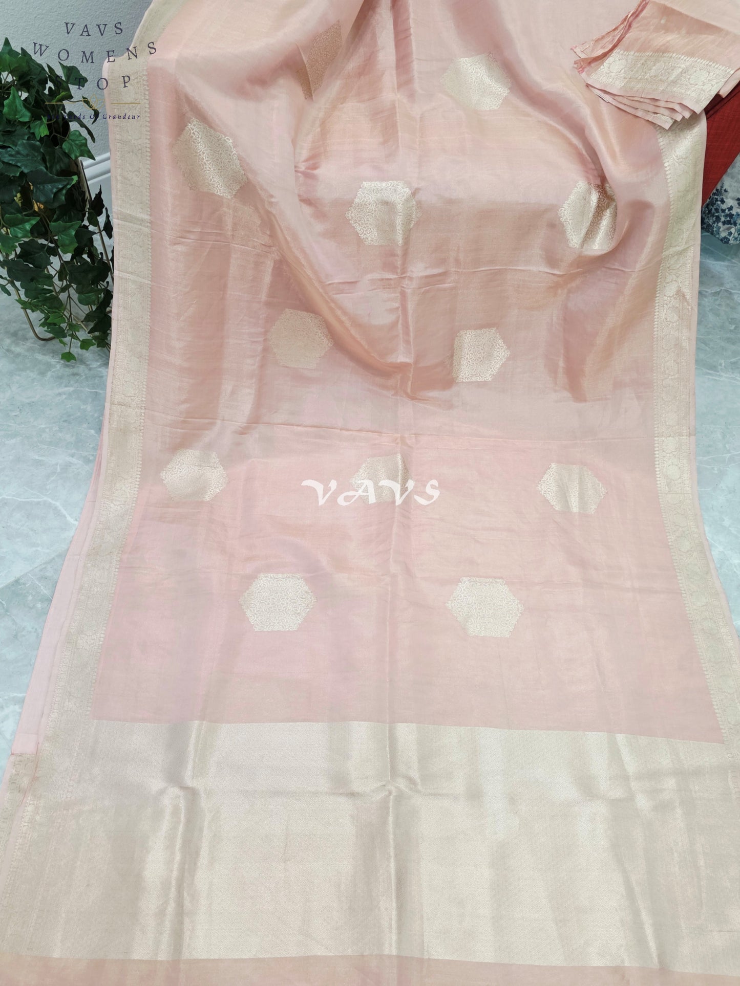 Royal Blush Petal Pink Pure Benarasi Tissue Silk Saree with Gold Zari Buttas & Unstitched Blouse Piece