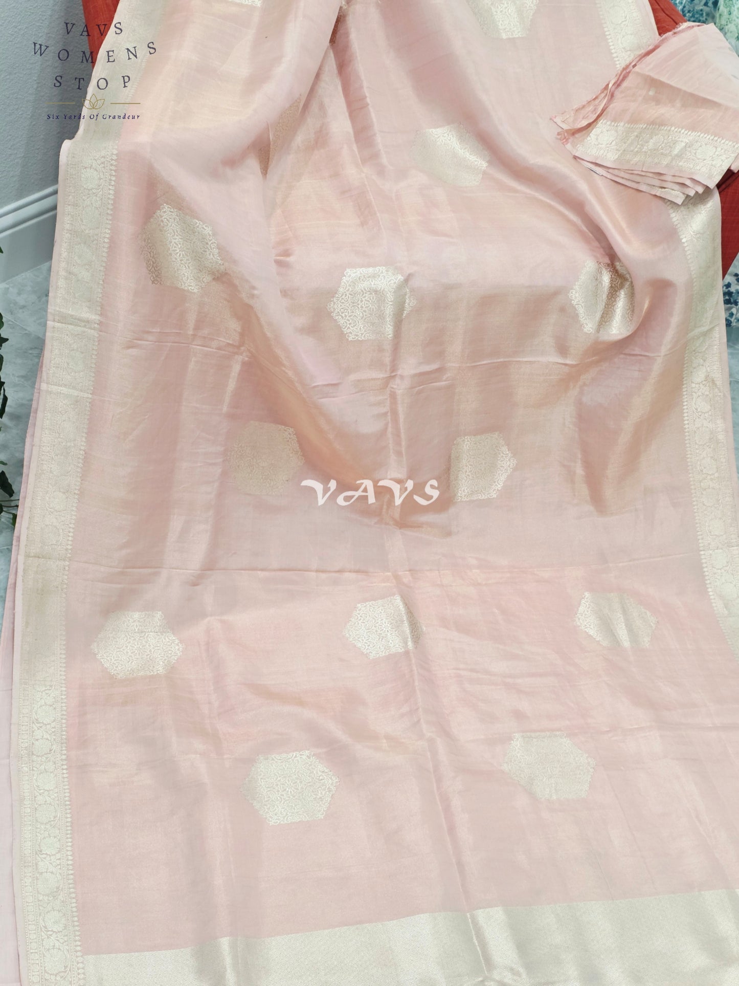 Royal Blush Petal Pink Pure Benarasi Tissue Silk Saree with Gold Zari Buttas & Unstitched Blouse Piece