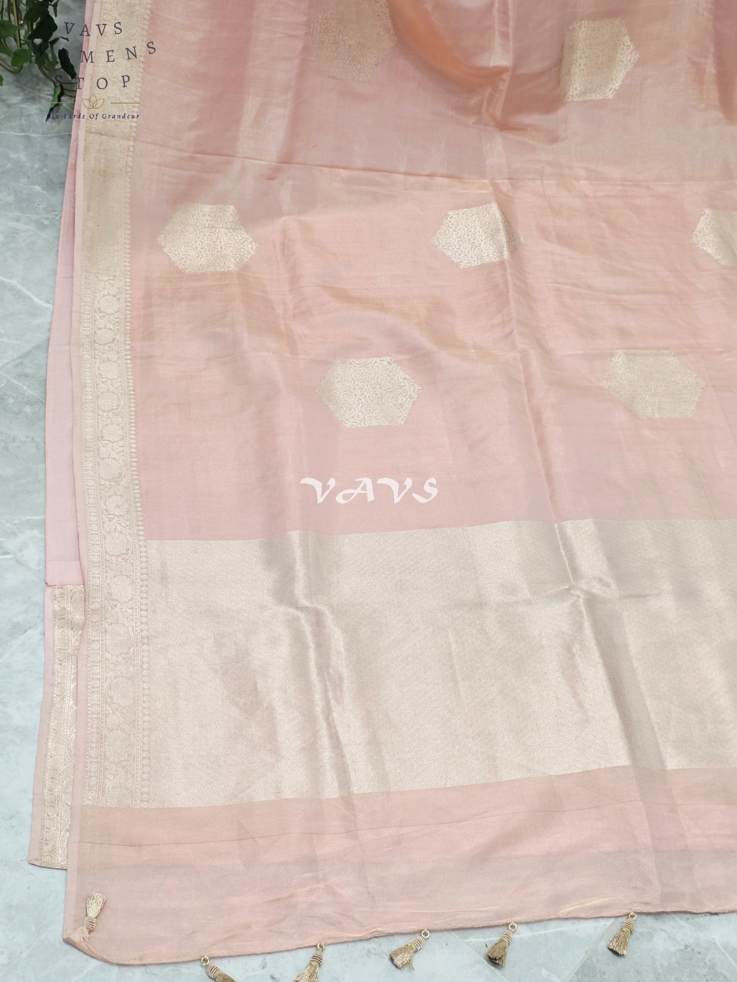 Royal Blush Petal Pink Pure Benarasi Tissue Silk Saree with Gold Zari Buttas & Unstitched Blouse Piece