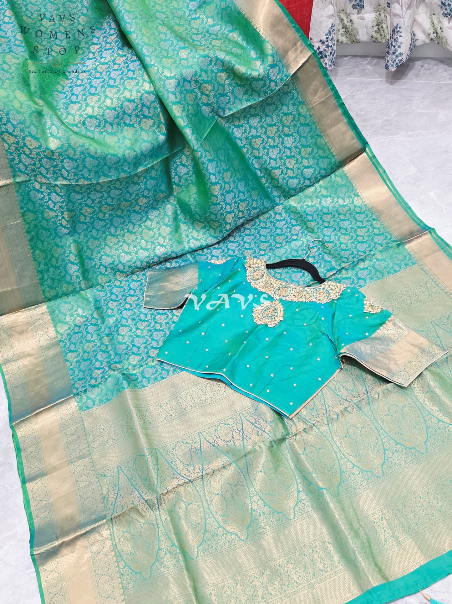 Royal Aqua Mint Green Pure Kanchi Double Warp Soft Silk Saree with Designer Maggam Blouse Size 36-42