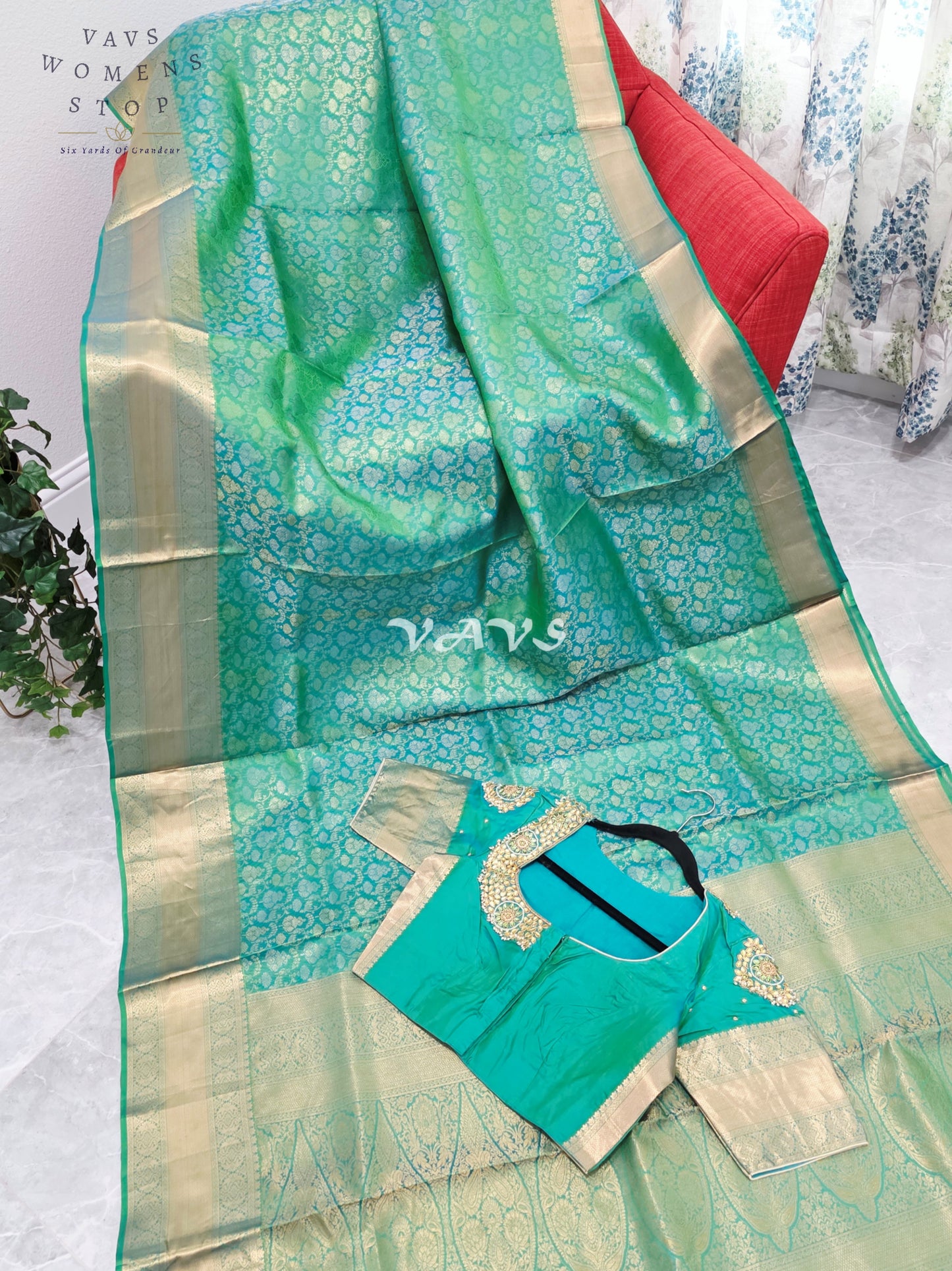 Royal Aqua Mint Green Pure Kanchi Double Warp Soft Silk Saree with Designer Maggam Blouse Size 36-42