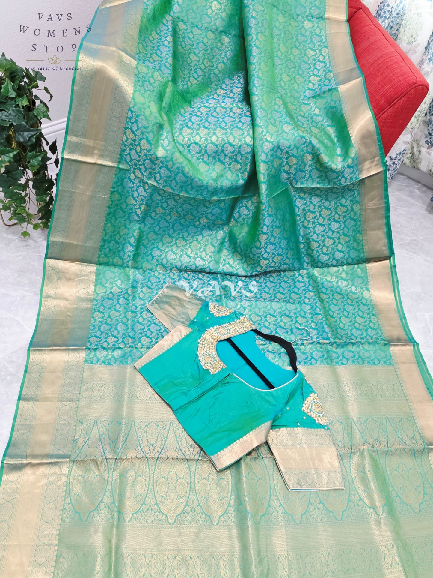 Royal Aqua Mint Green Pure Kanchi Double Warp Soft Silk Saree with Designer Maggam Blouse Size 36-42