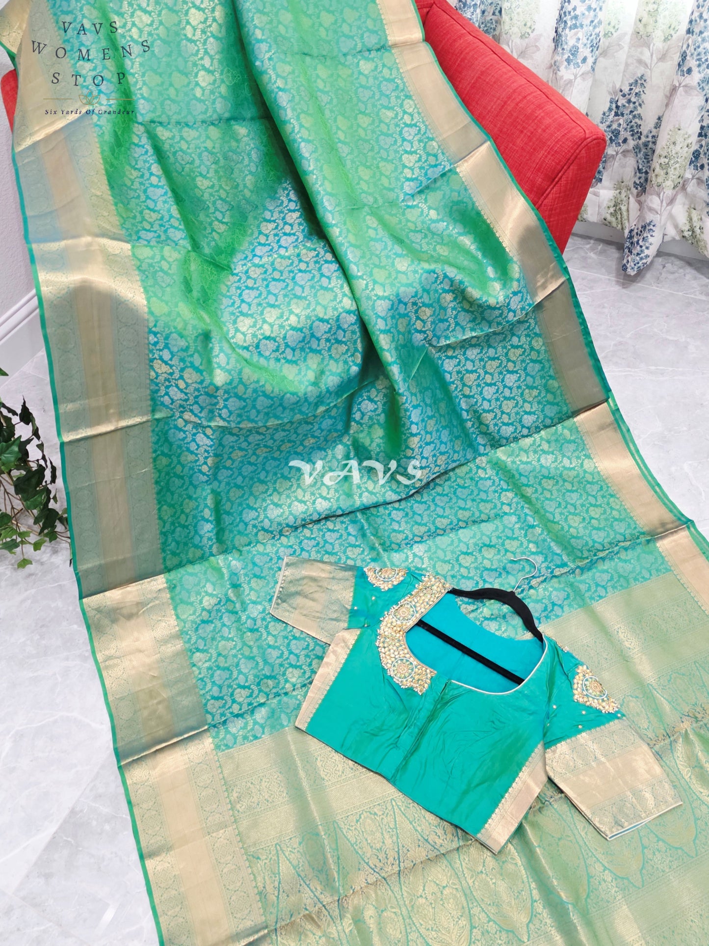 Royal Aqua Mint Green Pure Kanchi Double Warp Soft Silk Saree with Designer Maggam Blouse Size 36-42