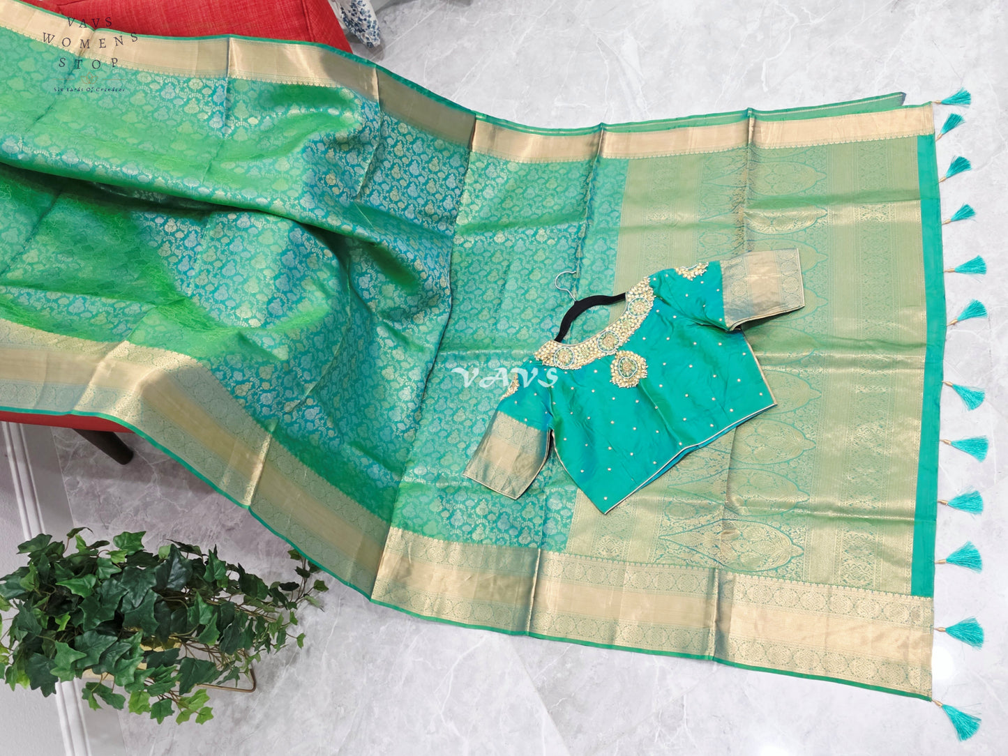 Royal Aqua Mint Green Pure Kanchi Double Warp Soft Silk Saree with Designer Maggam Blouse Size 36-42