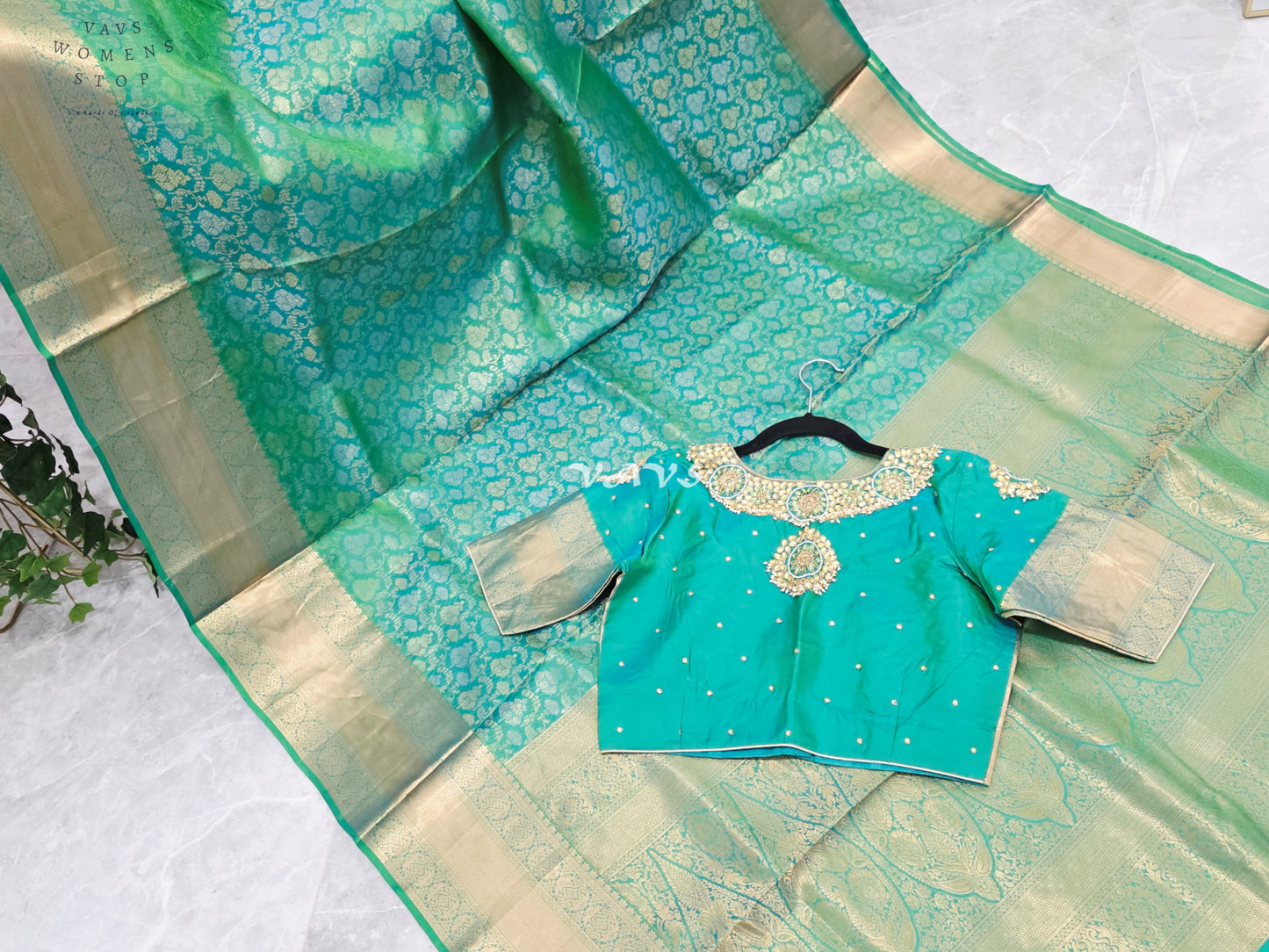 Royal Aqua Mint Green Pure Kanchi Double Warp Soft Silk Saree with Designer Maggam Blouse Size 36-42