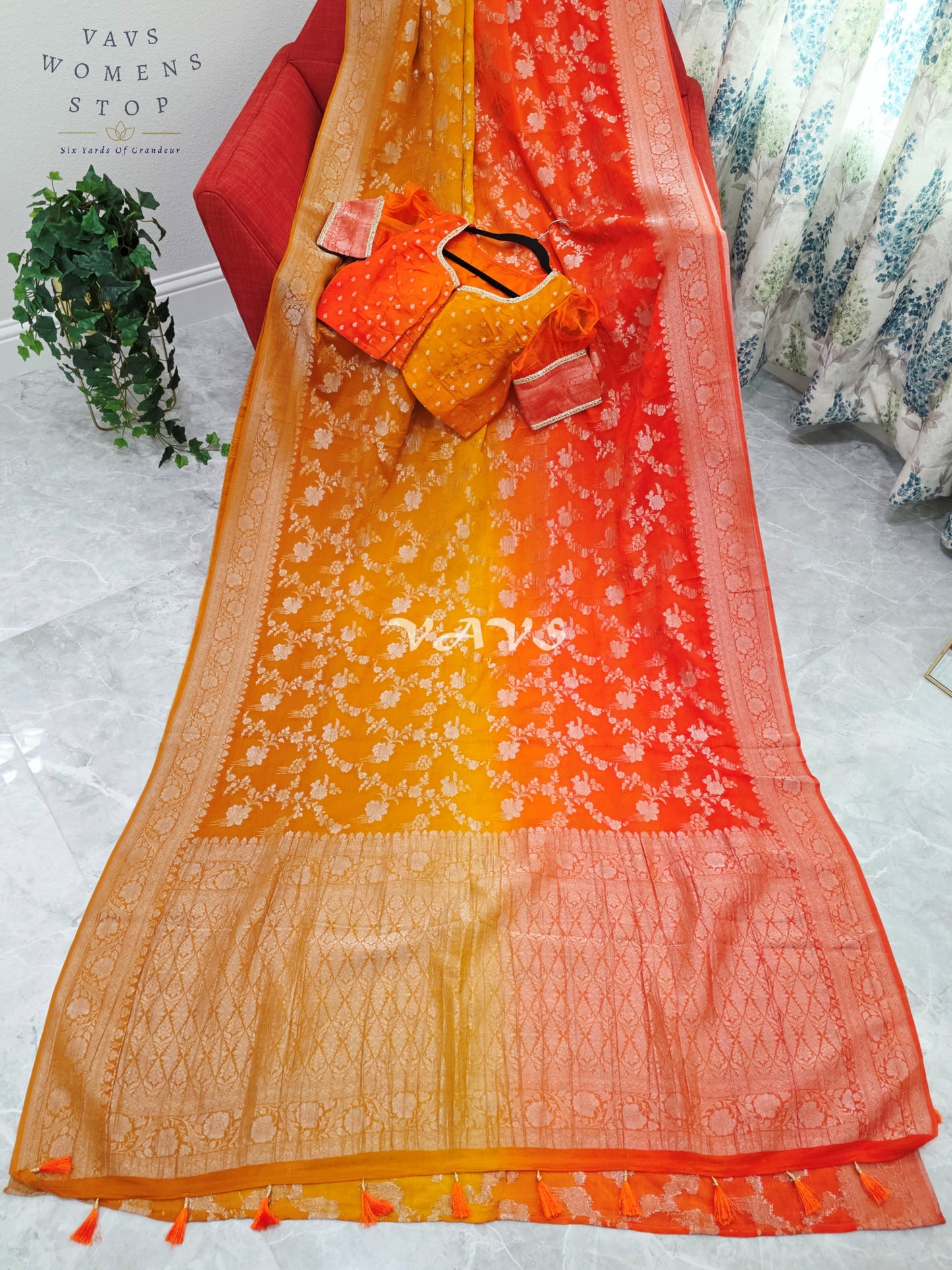 Royal Sunlit Marigold Yellow & Sunset Coral Orange Shaded Crush Chiffon Georgette Saree with Silver Floral Weave & Designer Puff Sleeves Blouse Size 38-44