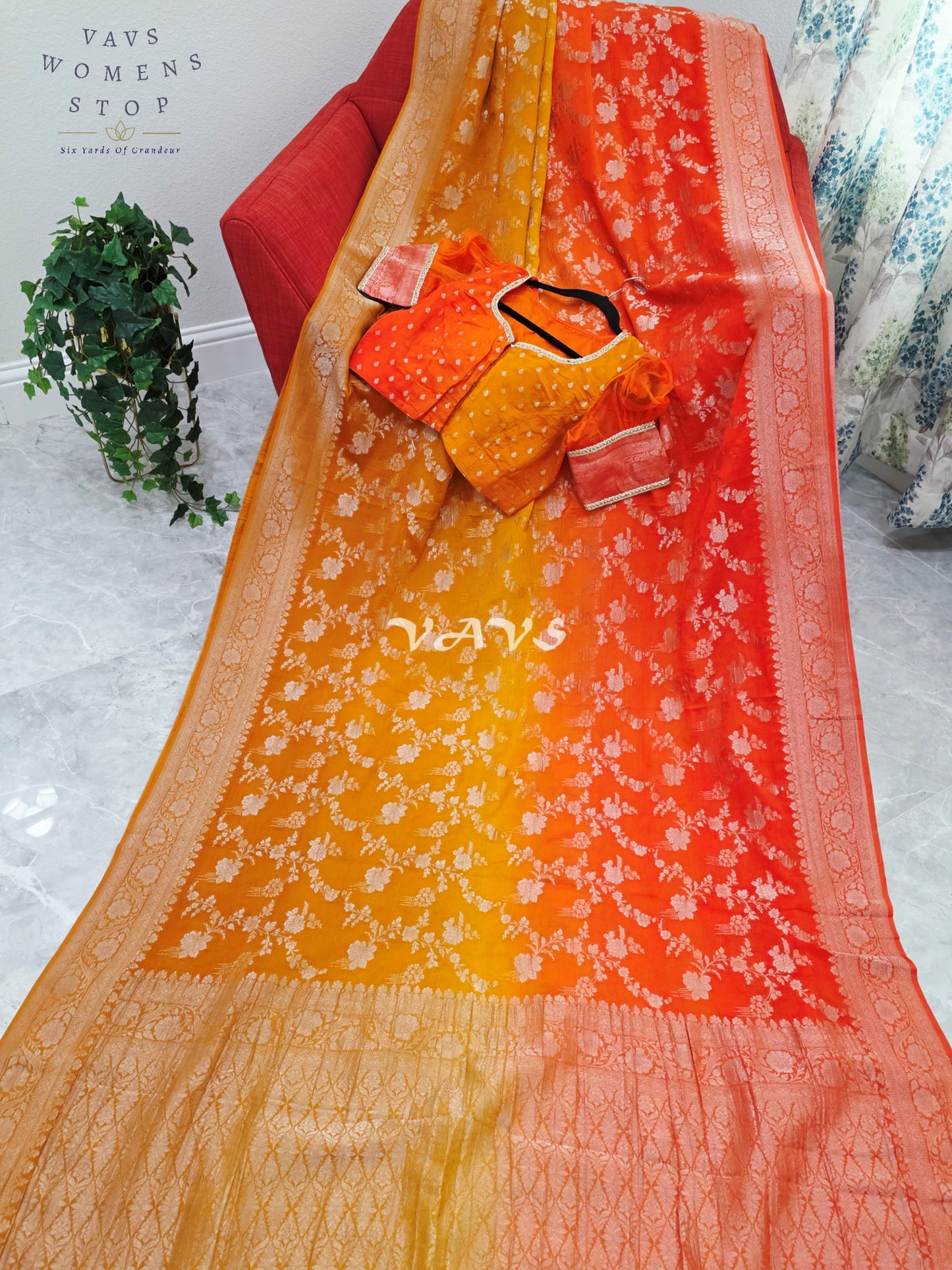Royal Sunlit Marigold Yellow & Sunset Coral Orange Shaded Crush Chiffon Georgette Saree with Silver Floral Weave & Designer Puff Sleeves Blouse Size 38-44