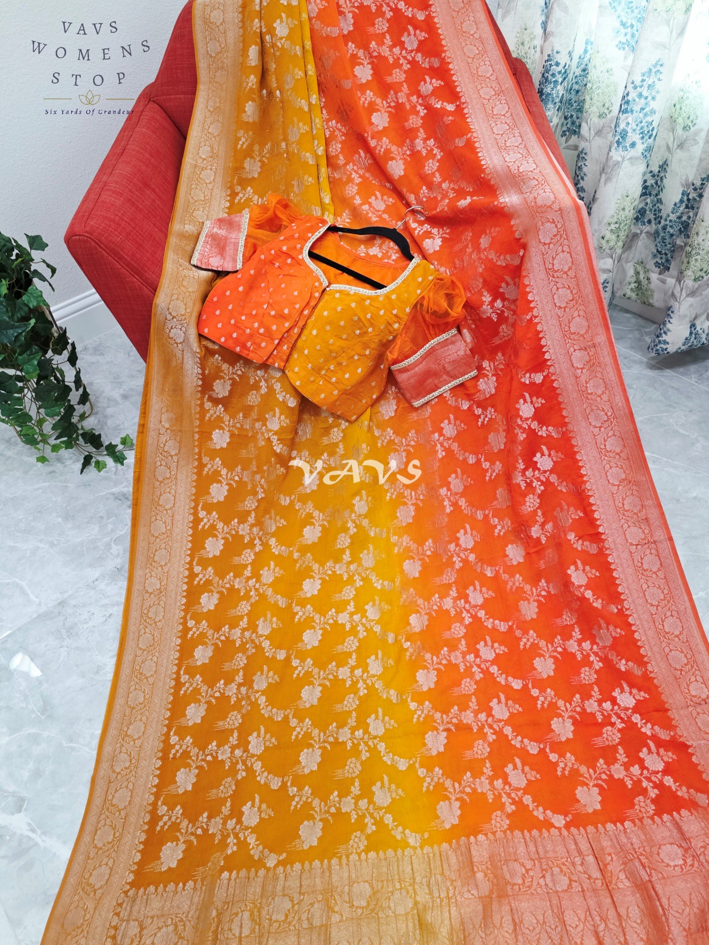 Royal Sunlit Marigold Yellow & Sunset Coral Orange Shaded Crush Chiffon Georgette Saree with Silver Floral Weave & Designer Puff Sleeves Blouse Size 38-44