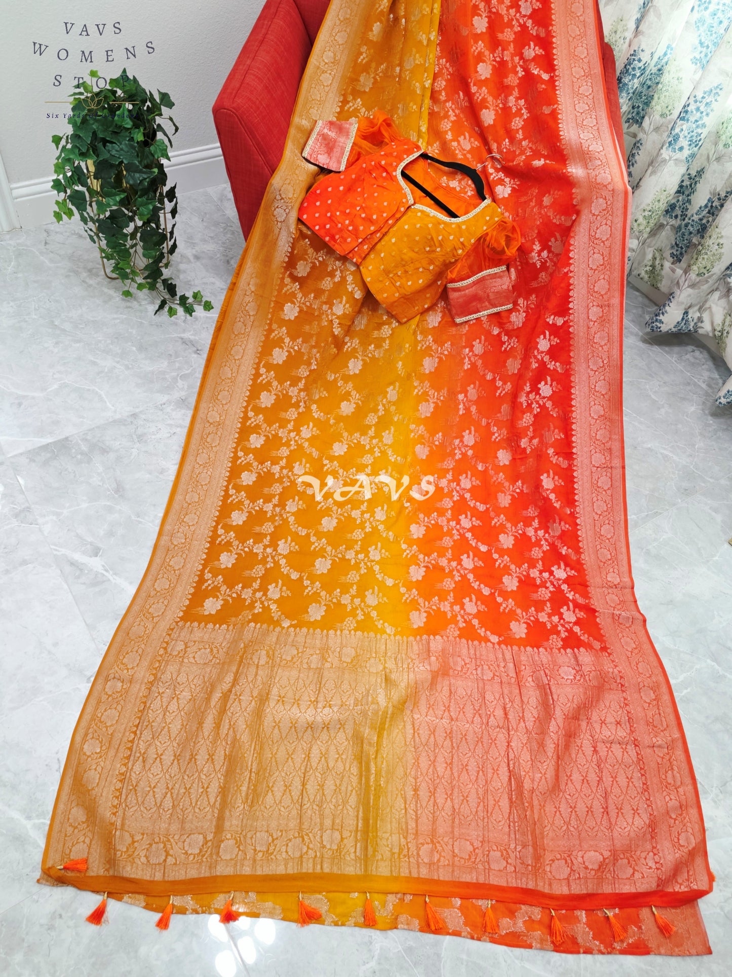 Royal Sunlit Marigold Yellow & Sunset Coral Orange Shaded Crush Chiffon Georgette Saree with Silver Floral Weave & Designer Puff Sleeves Blouse Size 38-44