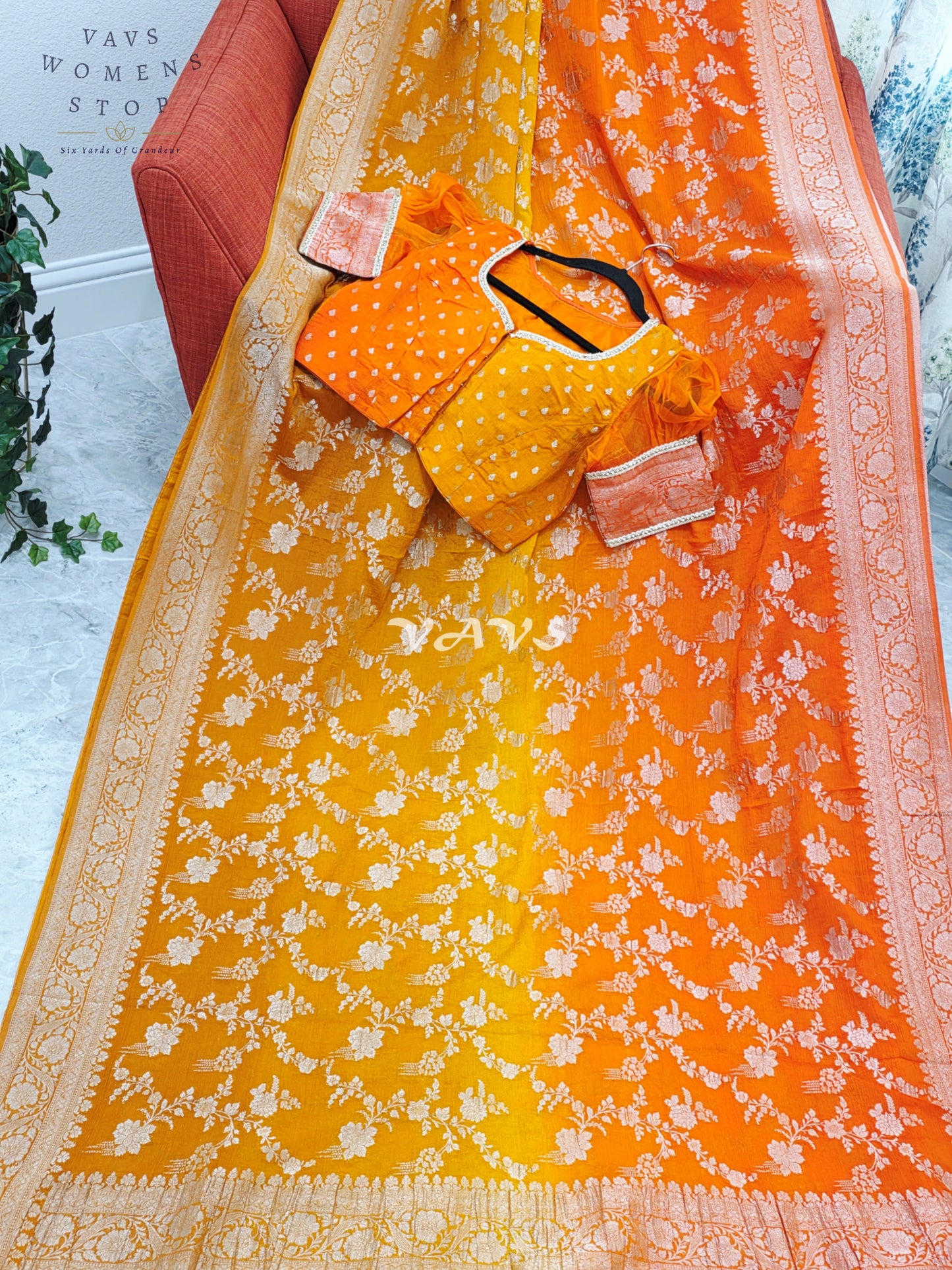 Royal Sunlit Marigold Yellow & Sunset Coral Orange Shaded Crush Chiffon Georgette Saree with Silver Floral Weave & Designer Puff Sleeves Blouse Size 38-44