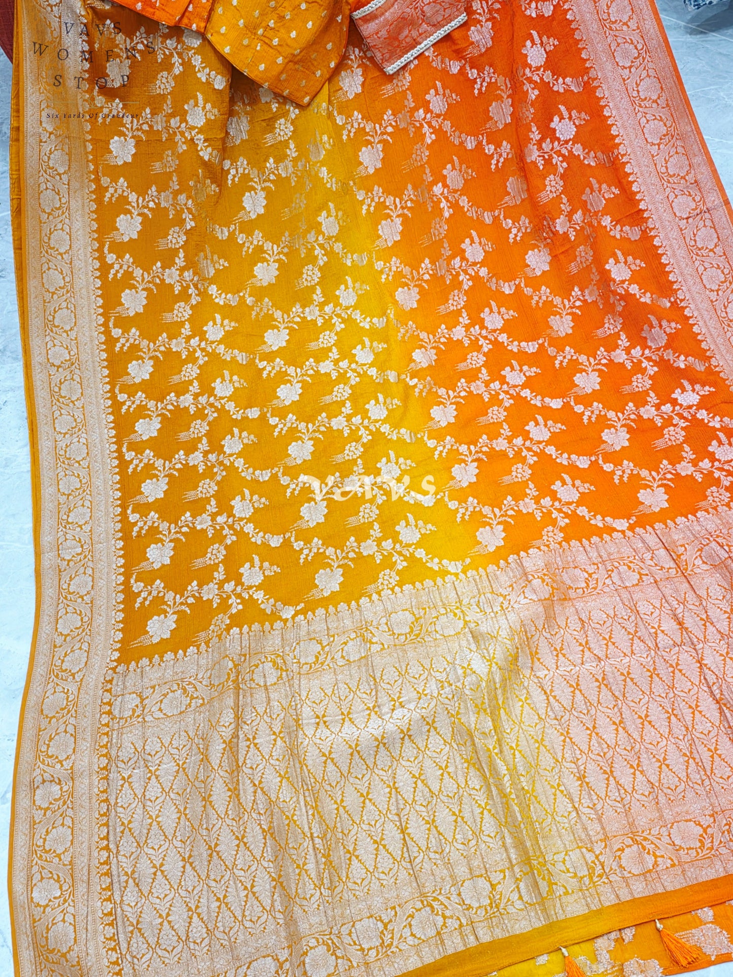 Royal Sunlit Marigold Yellow & Sunset Coral Orange Shaded Crush Chiffon Georgette Saree with Silver Floral Weave & Designer Puff Sleeves Blouse Size 38-44