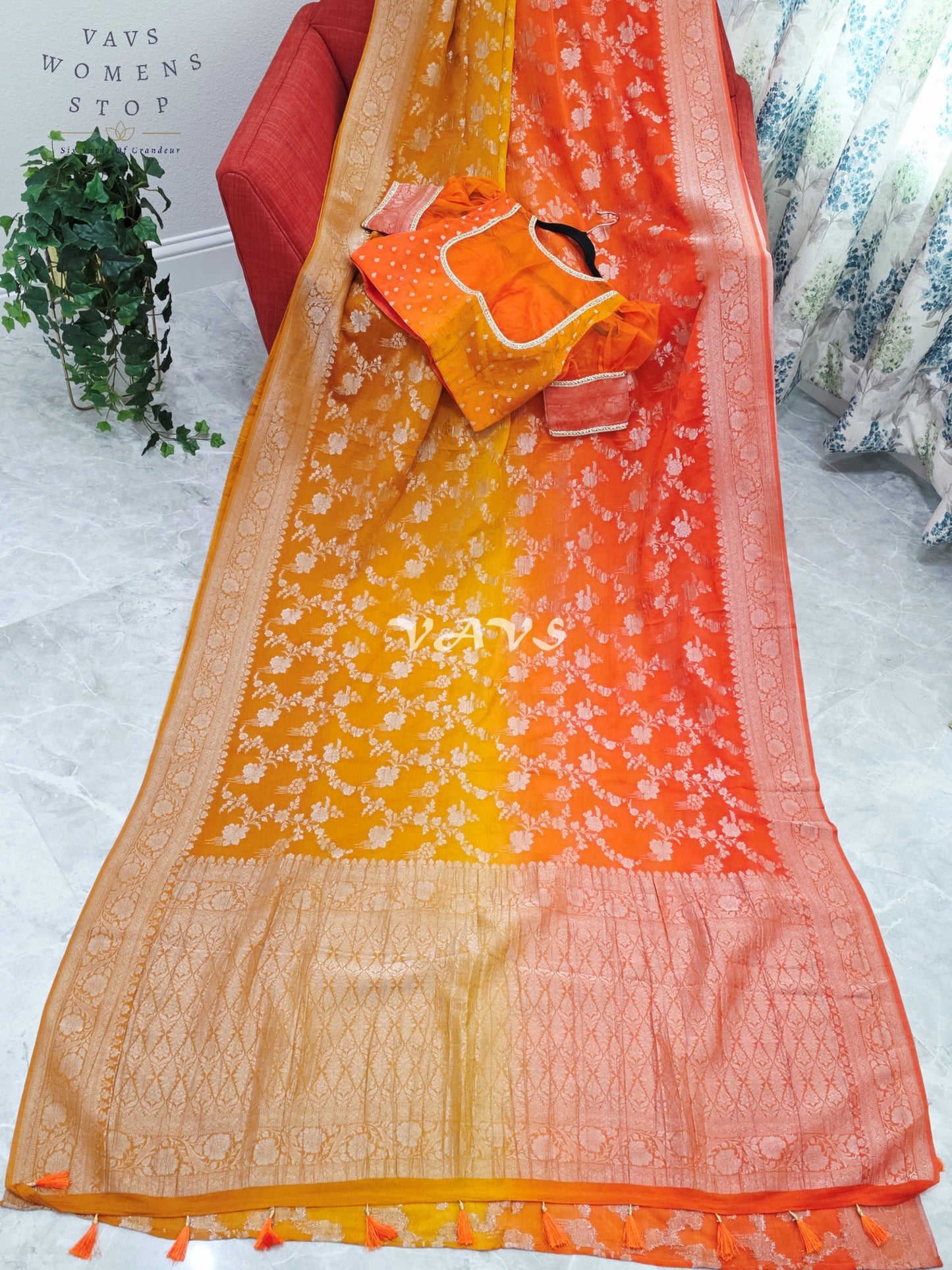 Royal Sunlit Marigold Yellow & Sunset Coral Orange Shaded Crush Chiffon Georgette Saree with Silver Floral Weave & Designer Puff Sleeves Blouse Size 38-44