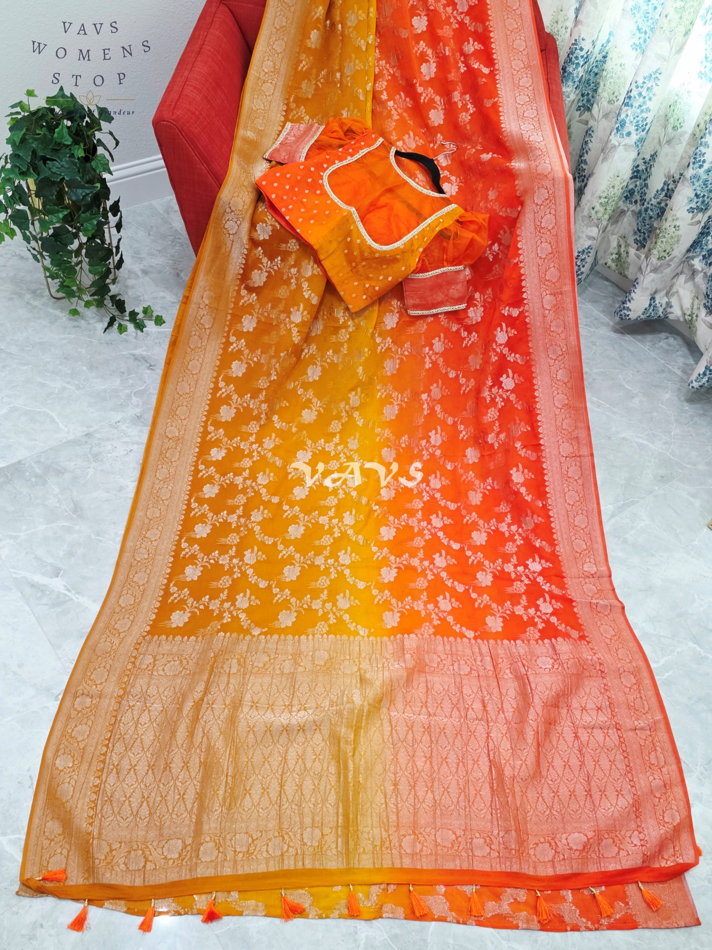 Royal Sunlit Marigold Yellow & Sunset Coral Orange Shaded Crush Chiffon Georgette Saree with Silver Floral Weave & Designer Puff Sleeves Blouse Size 38-44