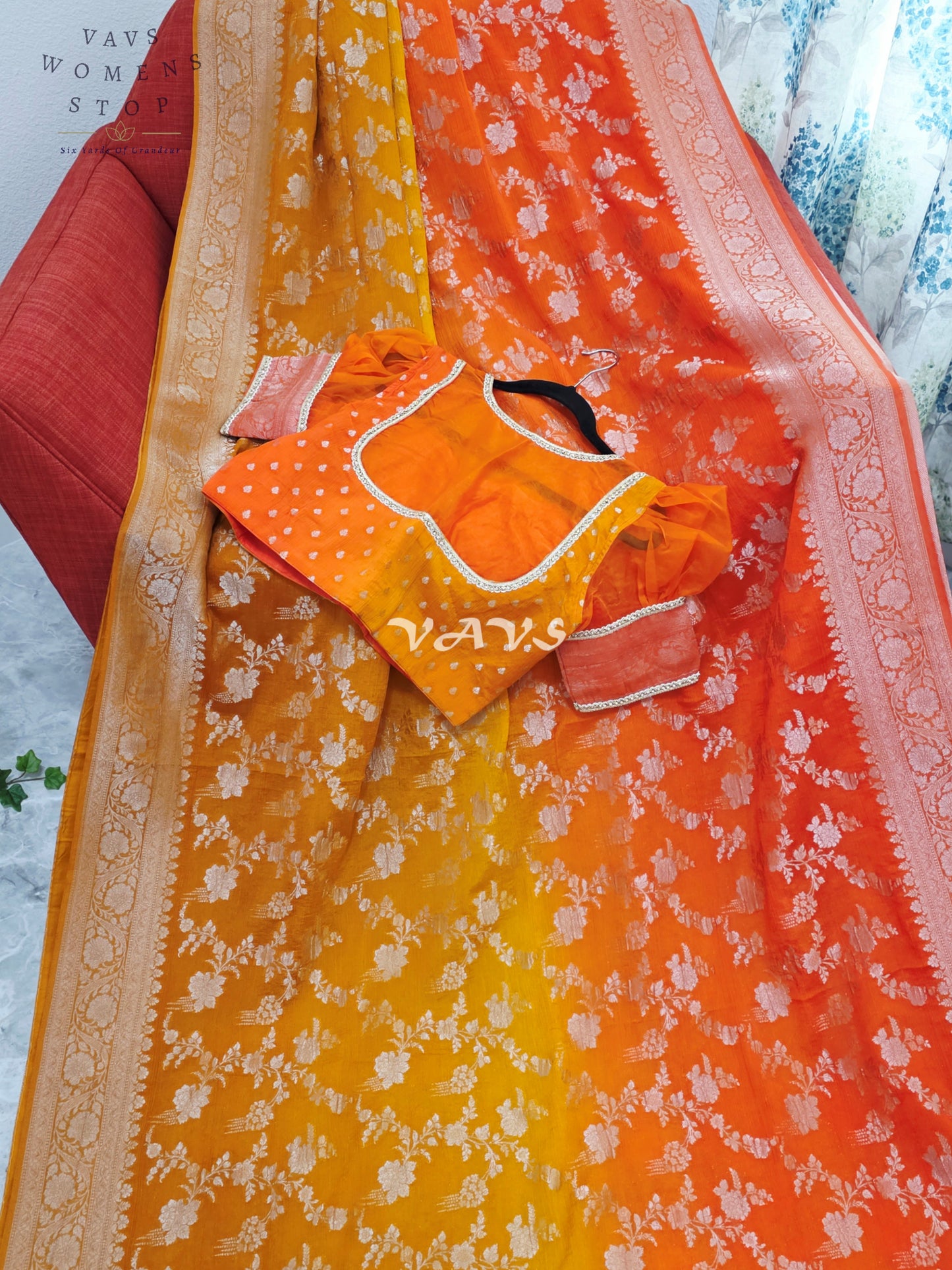 Royal Sunlit Marigold Yellow & Sunset Coral Orange Shaded Crush Chiffon Georgette Saree with Silver Floral Weave & Designer Puff Sleeves Blouse Size 38-44
