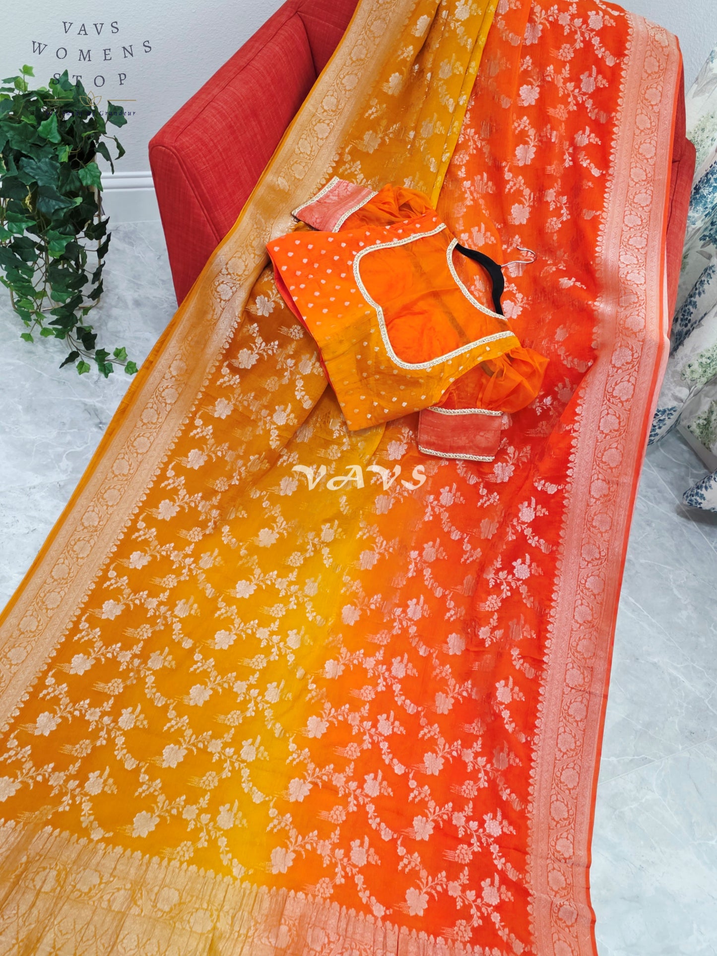 Royal Sunlit Marigold Yellow & Sunset Coral Orange Shaded Crush Chiffon Georgette Saree with Silver Floral Weave & Designer Puff Sleeves Blouse Size 38-44
