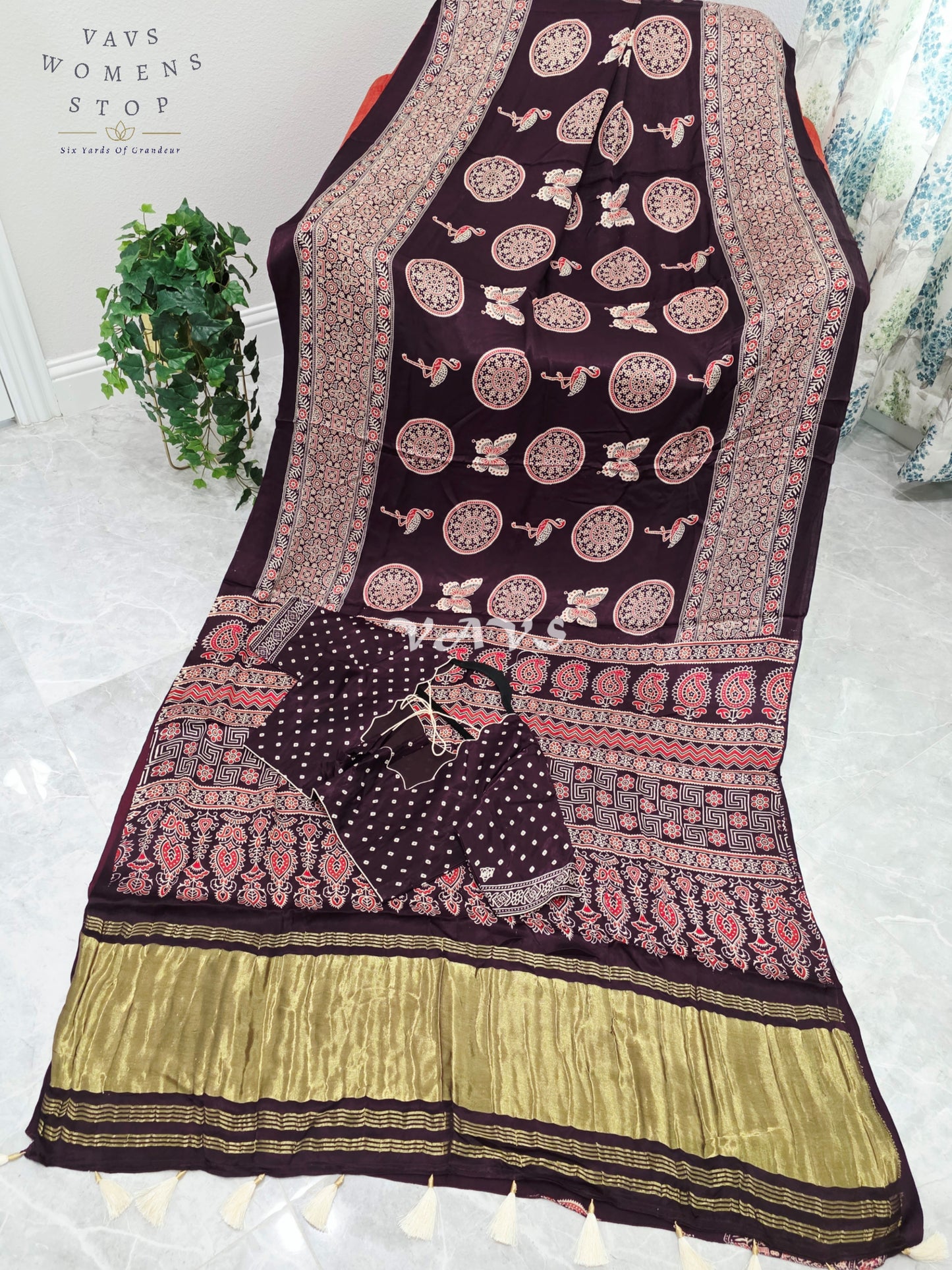 Royal Espresso Brown Semi Modal Silk Ajrakh Print Saree with Premium Stitched Blouse