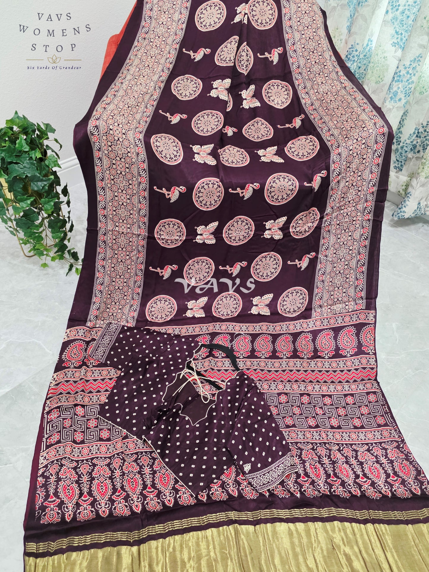 Royal Espresso Brown Semi Modal Silk Ajrakh Print Saree with Premium Stitched Blouse