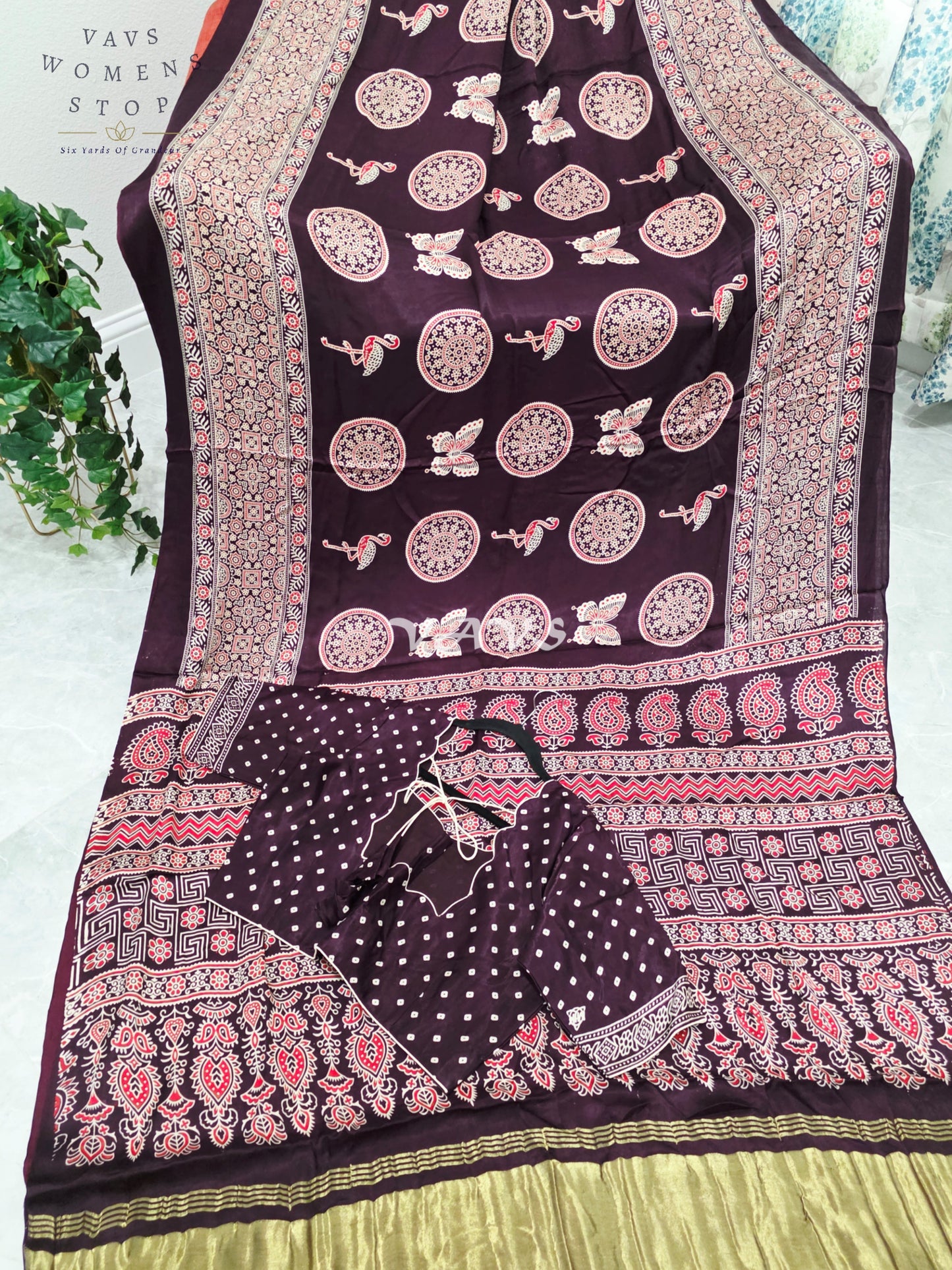 Royal Espresso Brown Semi Modal Silk Ajrakh Print Saree with Premium Stitched Blouse