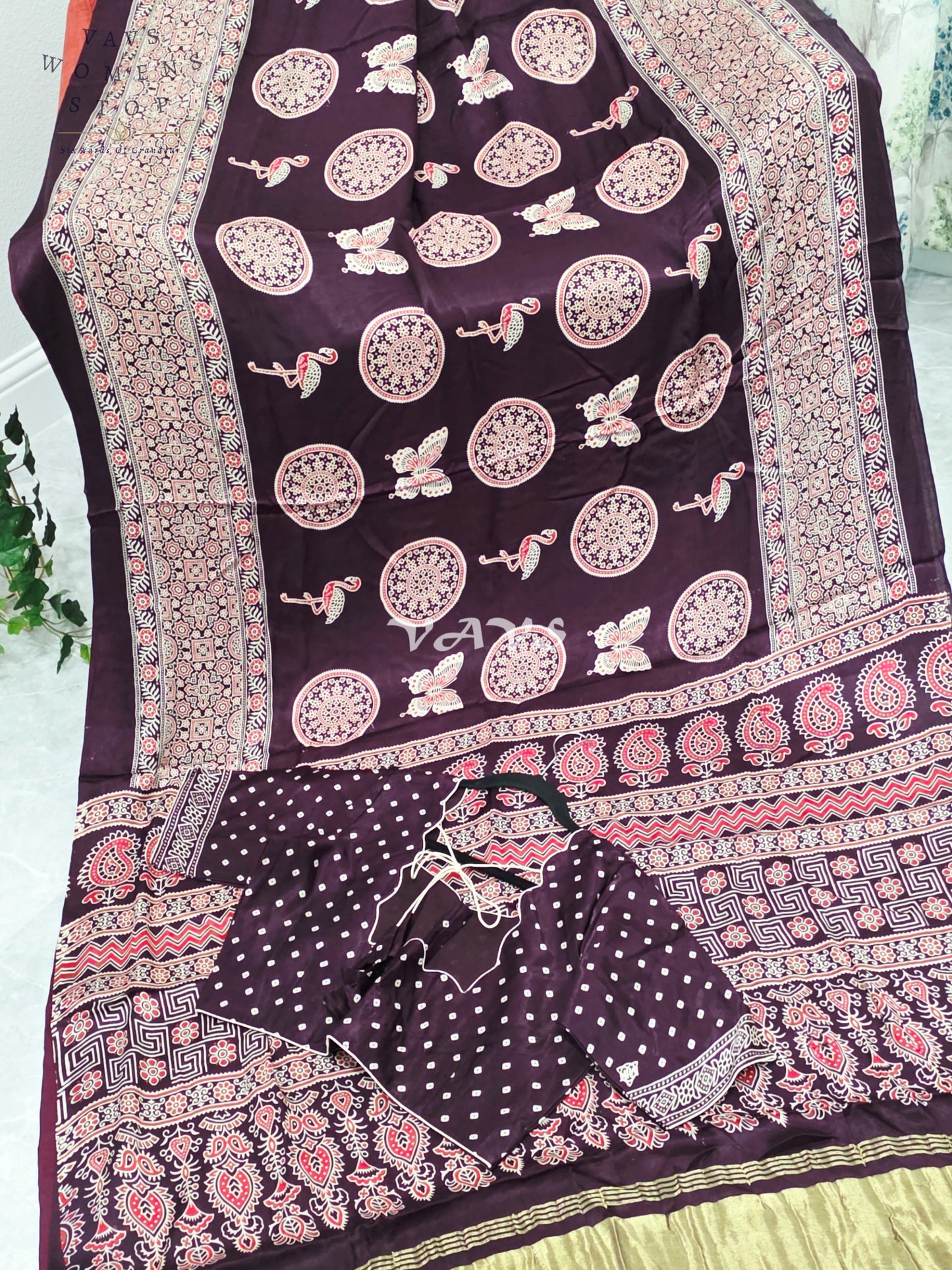 Royal Espresso Brown Semi Modal Silk Ajrakh Print Saree with Premium Stitched Blouse