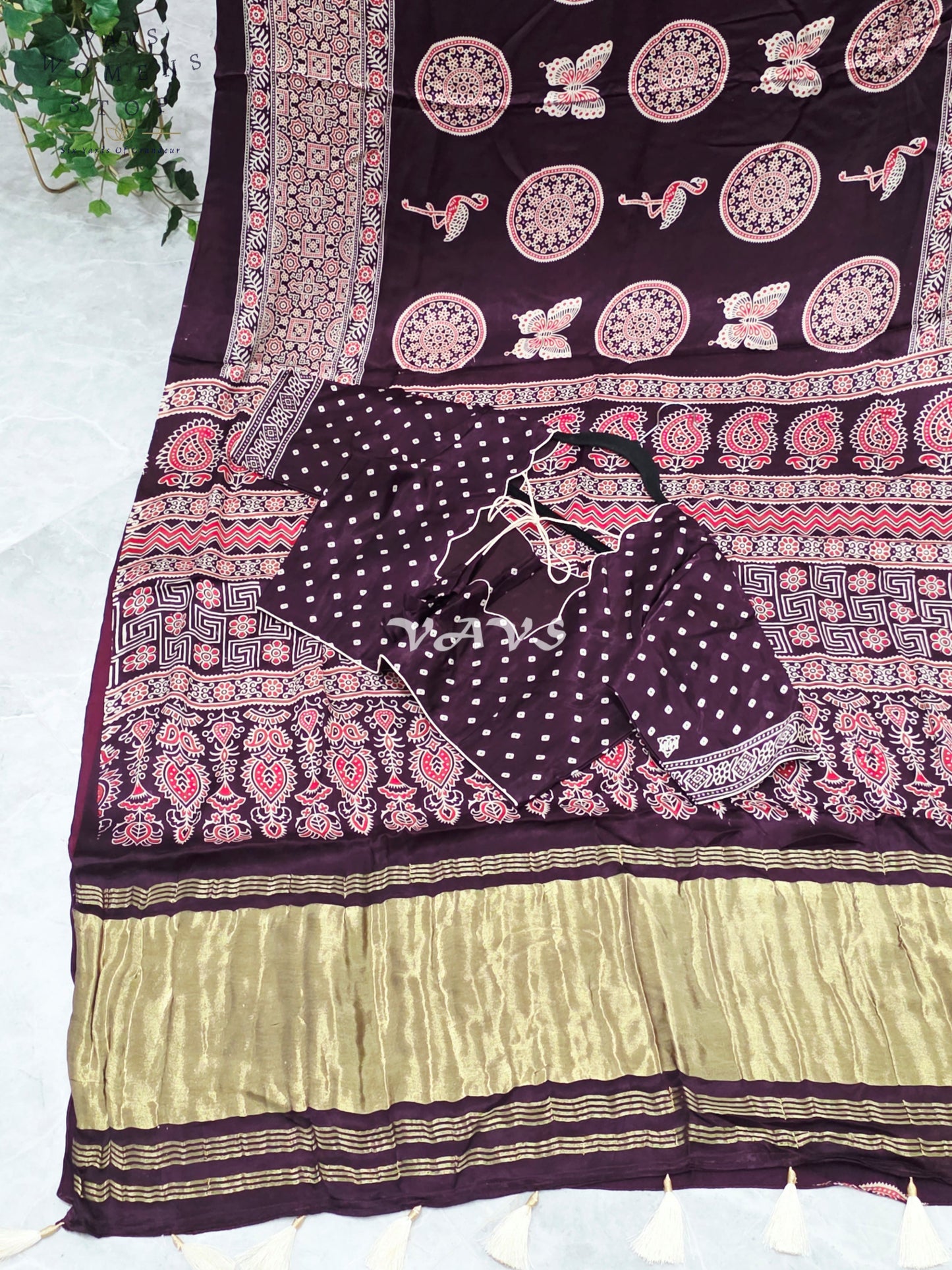 Royal Espresso Brown Semi Modal Silk Ajrakh Print Saree with Premium Stitched Blouse