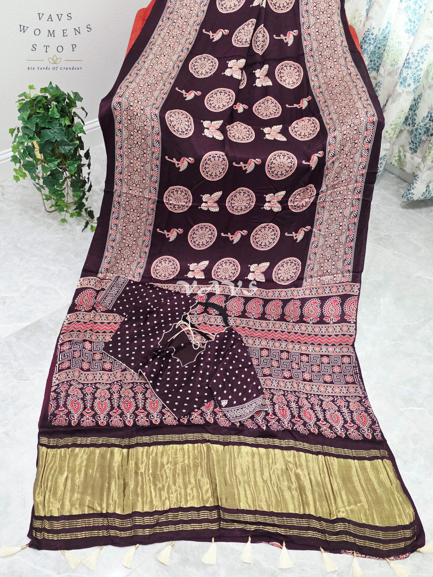 Royal Espresso Brown Semi Modal Silk Ajrakh Print Saree with Premium Stitched Blouse