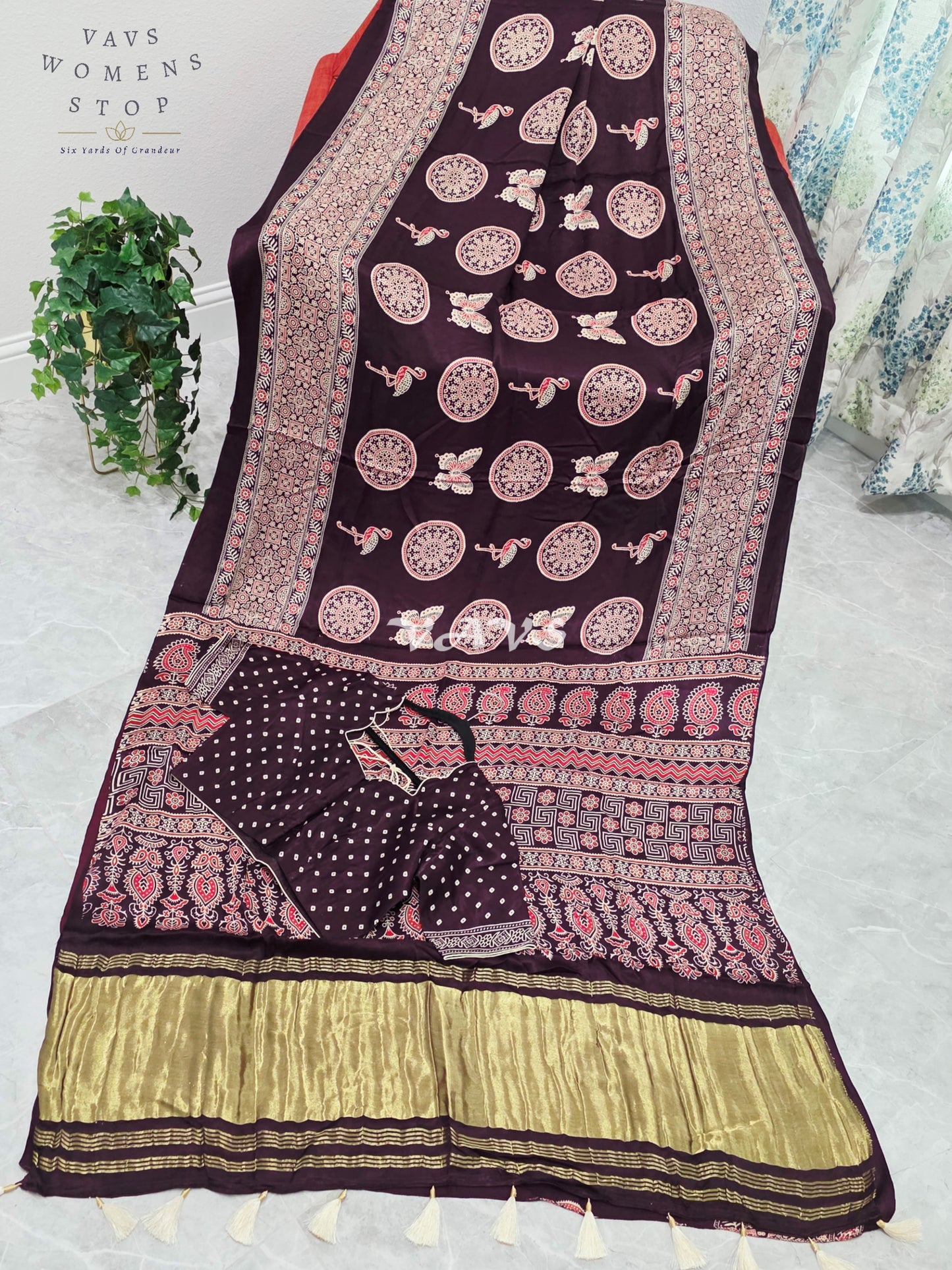 Royal Espresso Brown Semi Modal Silk Ajrakh Print Saree with Premium Stitched Blouse