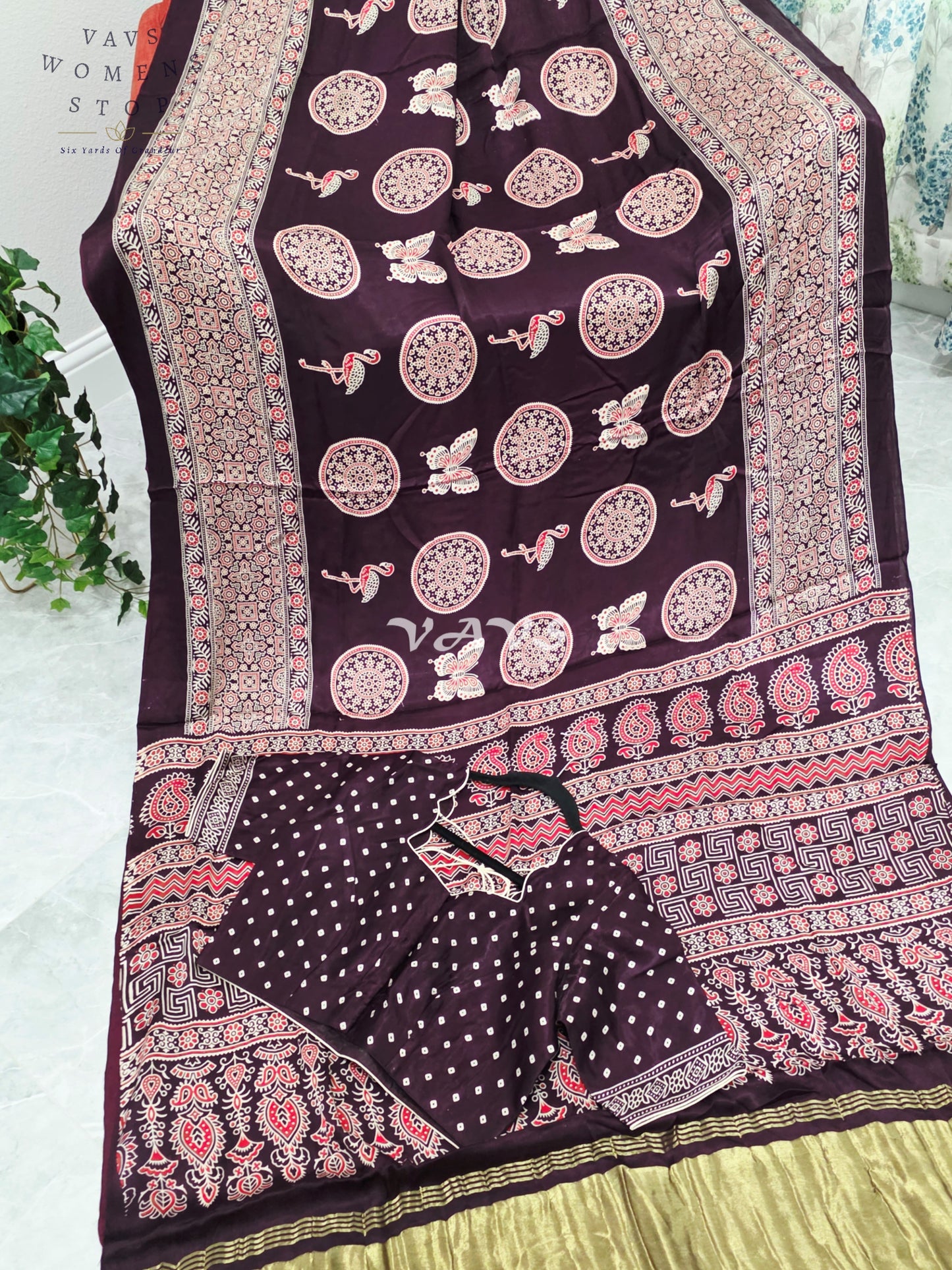 Royal Espresso Brown Semi Modal Silk Ajrakh Print Saree with Premium Stitched Blouse