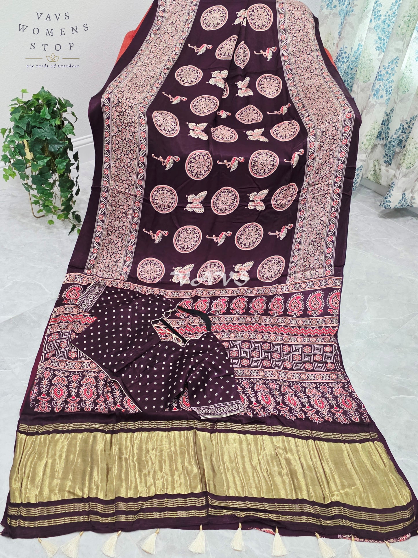 Royal Espresso Brown Semi Modal Silk Ajrakh Print Saree with Premium Stitched Blouse