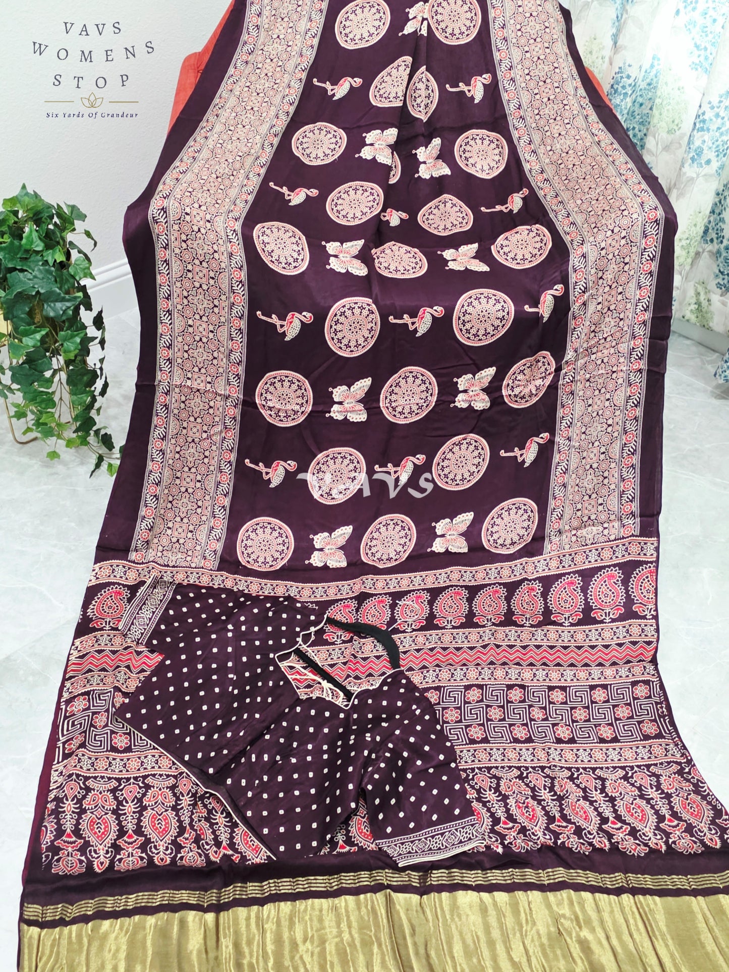 Royal Espresso Brown Semi Modal Silk Ajrakh Print Saree with Premium Stitched Blouse