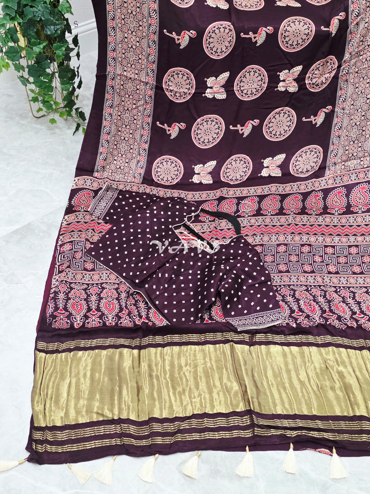 Royal Espresso Brown Semi Modal Silk Ajrakh Print Saree with Premium Stitched Blouse