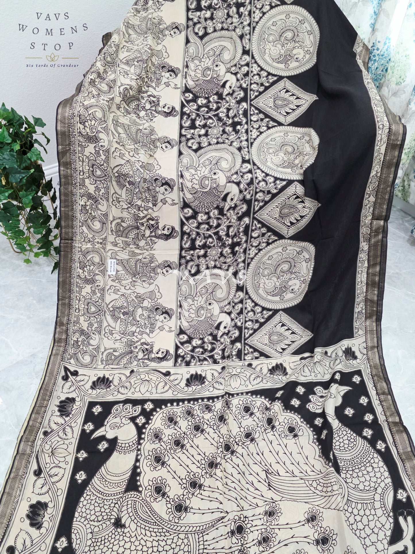 Royal Ebony Black & Ivory White Nizam Border Kalamkari Print Saree with Premium Stitched Blouse