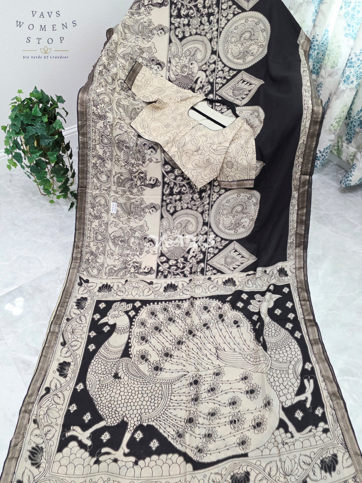 Royal Ebony Black & Ivory White Nizam Border Kalamkari Print Saree with Premium Stitched Blouse