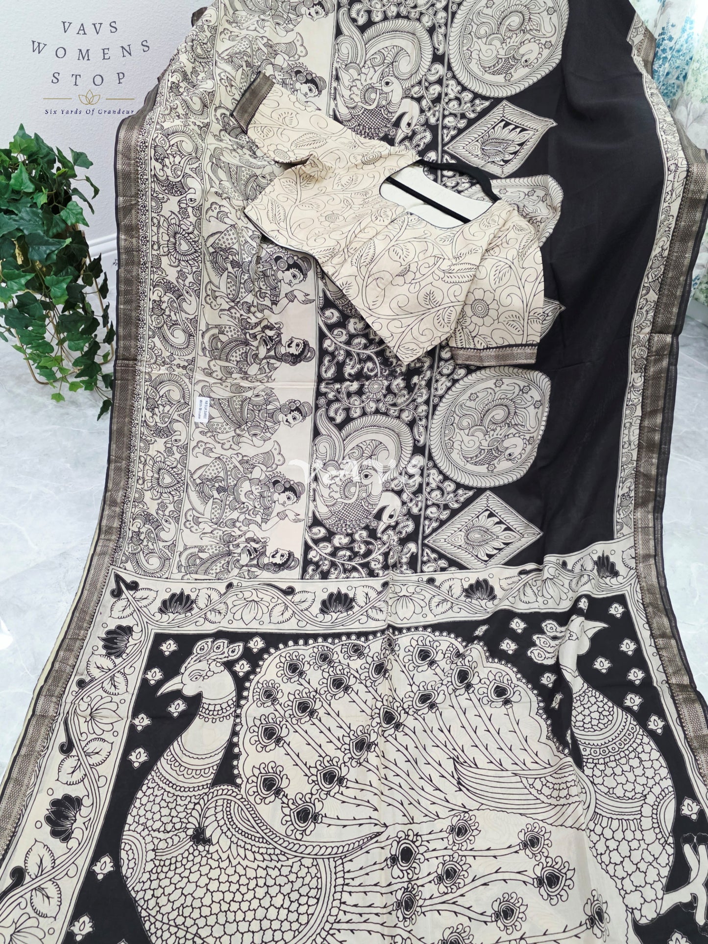 Royal Ebony Black & Ivory White Nizam Border Kalamkari Print Saree with Premium Stitched Blouse