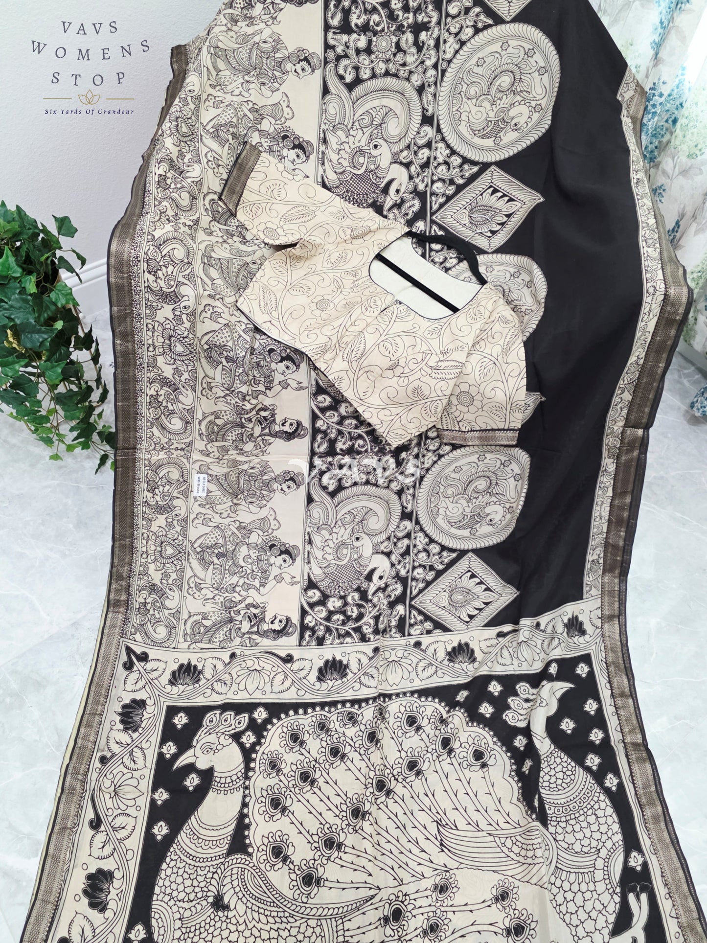 Royal Ebony Black & Ivory White Nizam Border Kalamkari Print Saree with Premium Stitched Blouse