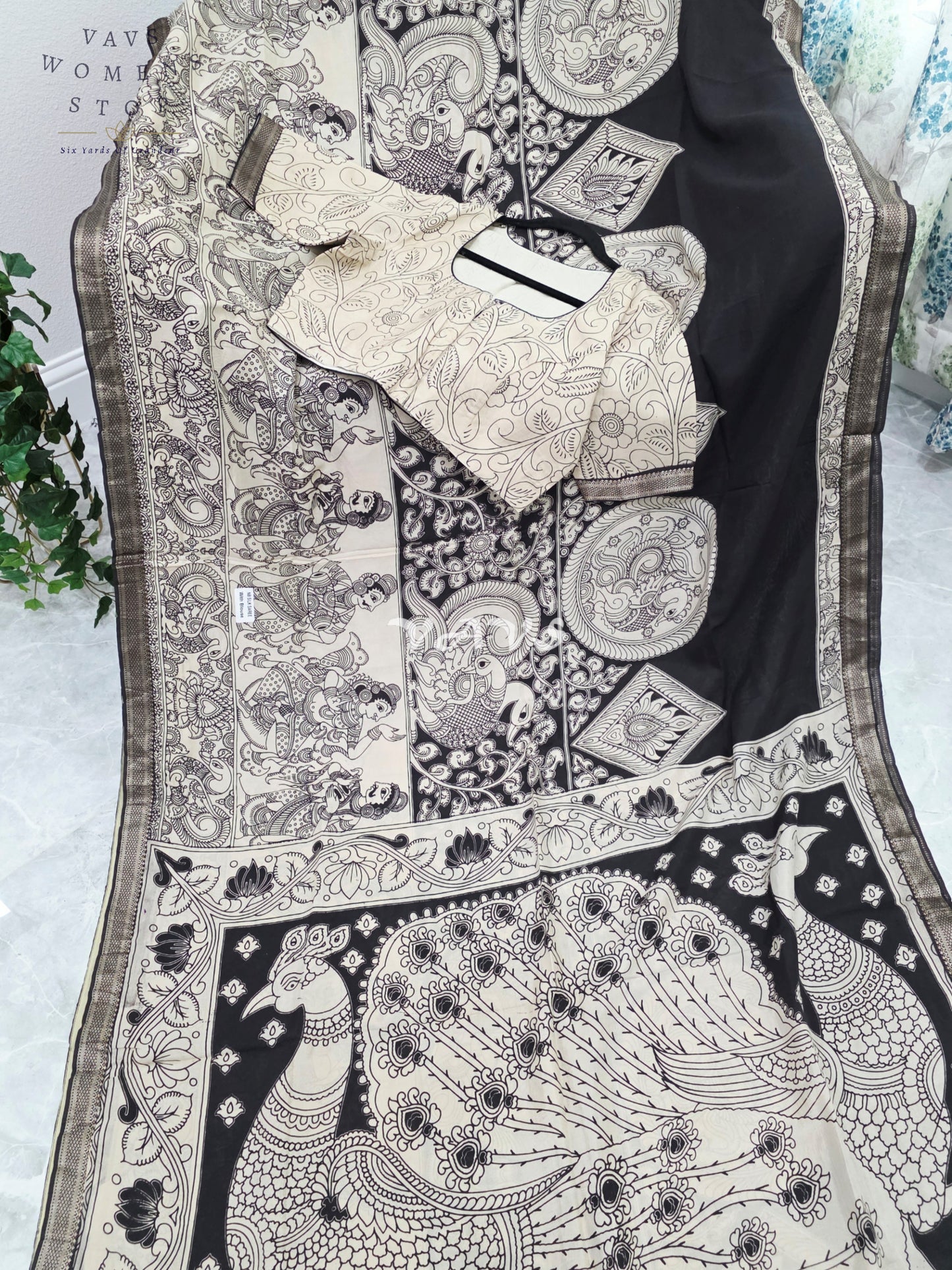 Royal Ebony Black & Ivory White Nizam Border Kalamkari Print Saree with Premium Stitched Blouse