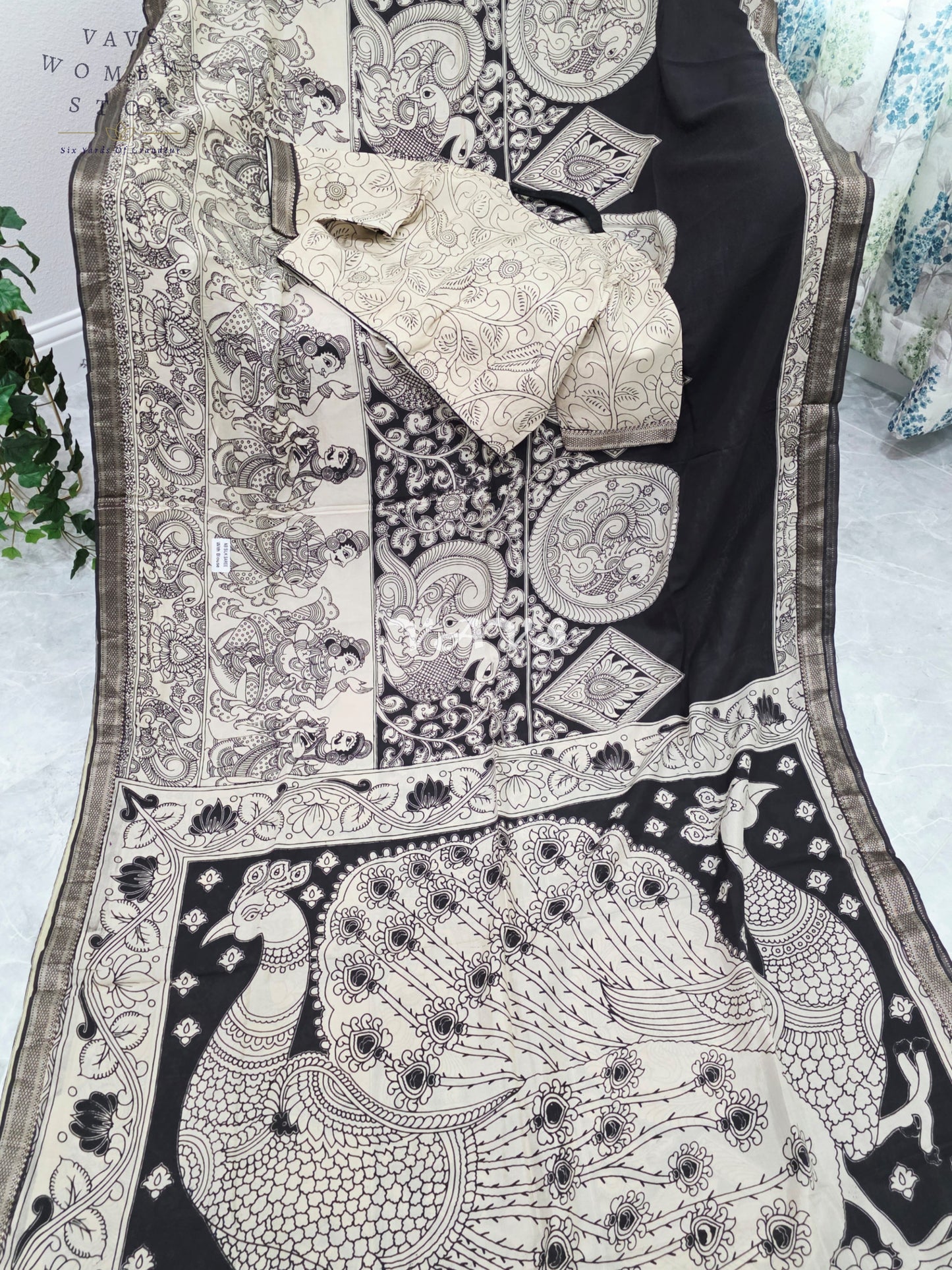 Royal Ebony Black & Ivory White Nizam Border Kalamkari Print Saree with Premium Stitched Blouse