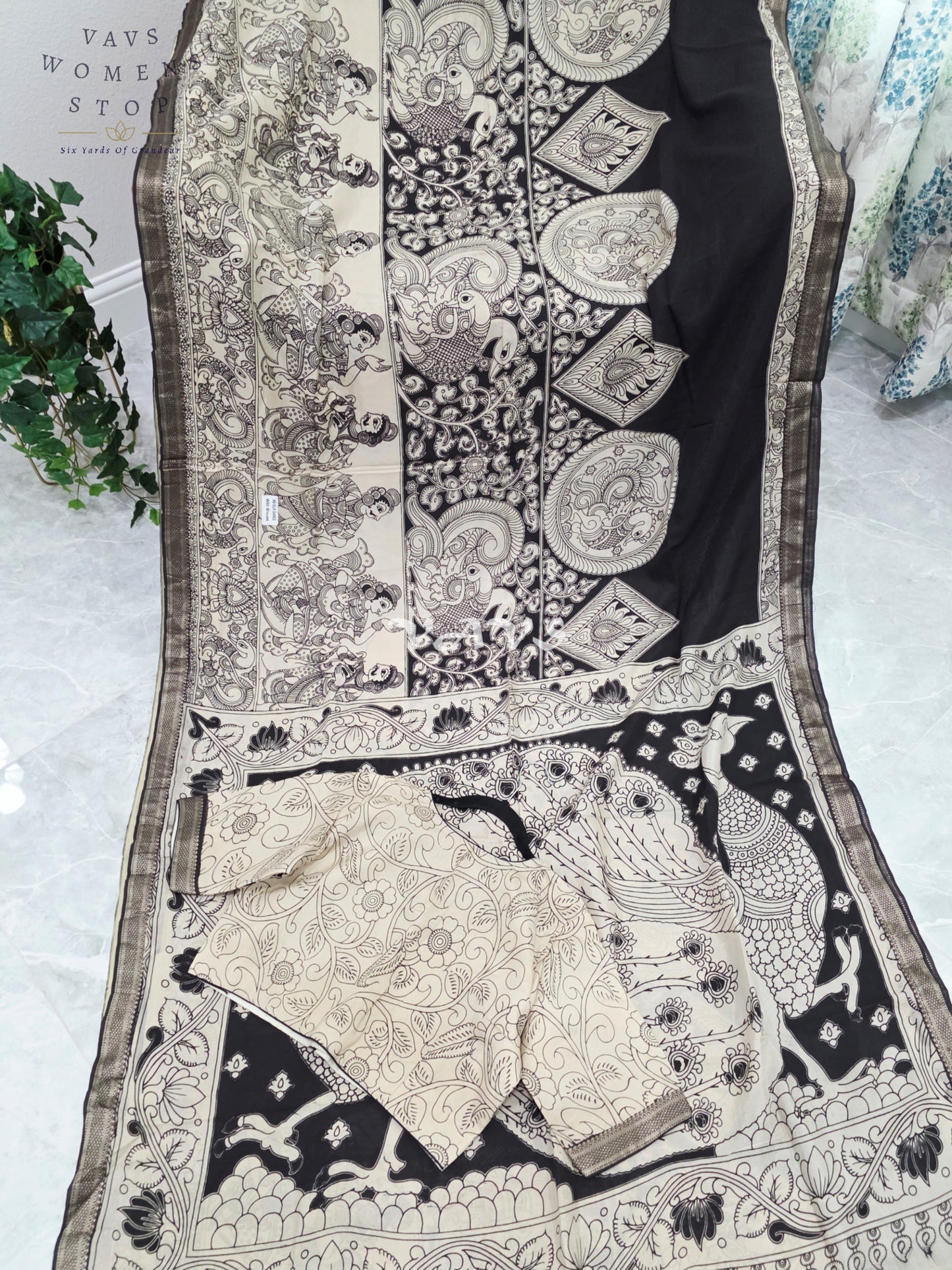 Royal Ebony Black & Ivory White Nizam Border Kalamkari Print Saree with Premium Stitched Blouse