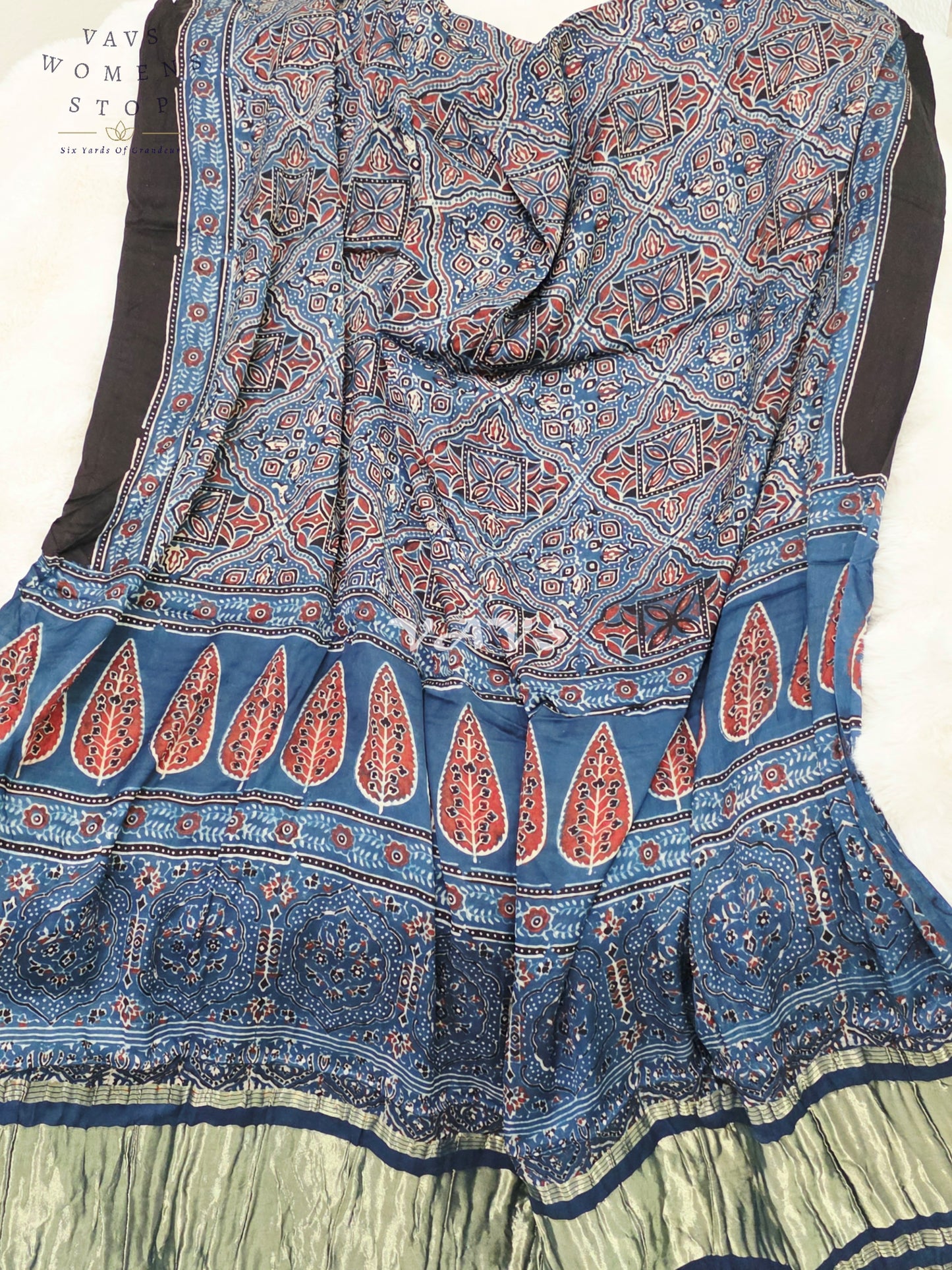 Royal Indigo Blue, Black & Antique Gold Pure Modal Silk Ajrakh Handblock Print Dupatta | 2.5 Meter Designer Ethnic Dupatta for Lehengas & Dresses
