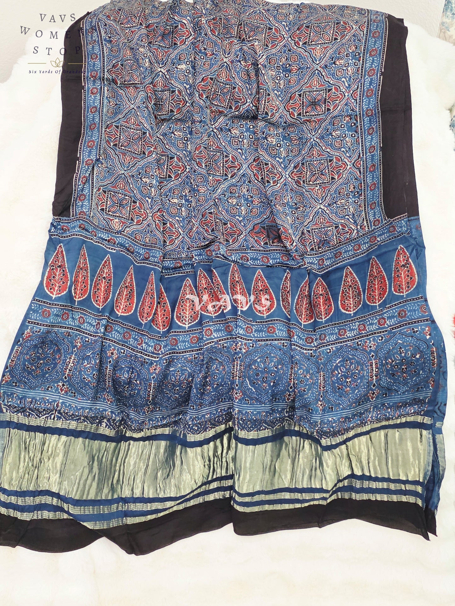 Royal Indigo Blue, Black & Antique Gold Pure Modal Silk Ajrakh Handblock Print Dupatta | 2.5 Meter Designer Ethnic Dupatta for Lehengas & Dresses